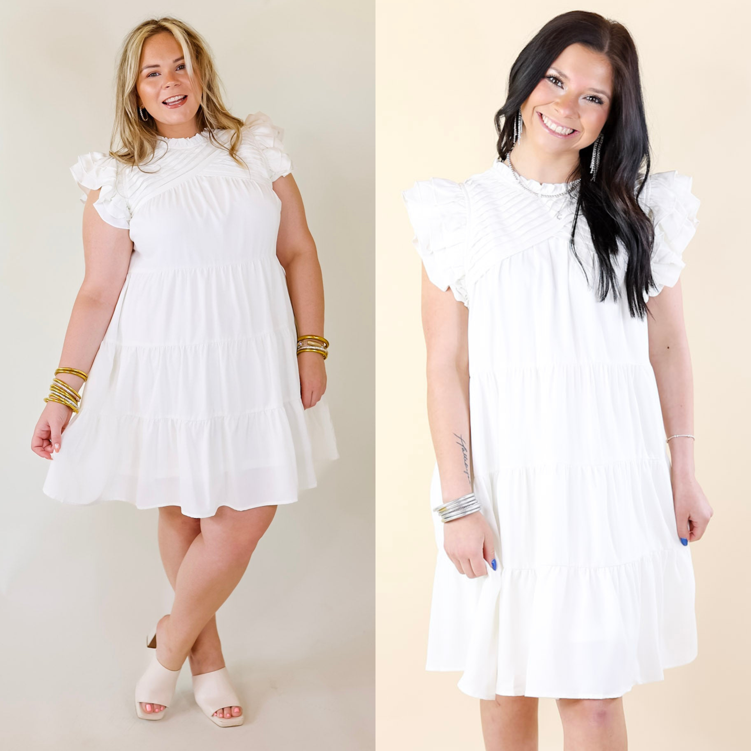 Chic On Scene Ruffle Tiered Dress with Pleated Detailing in White - Giddy Up Glamour Boutique
