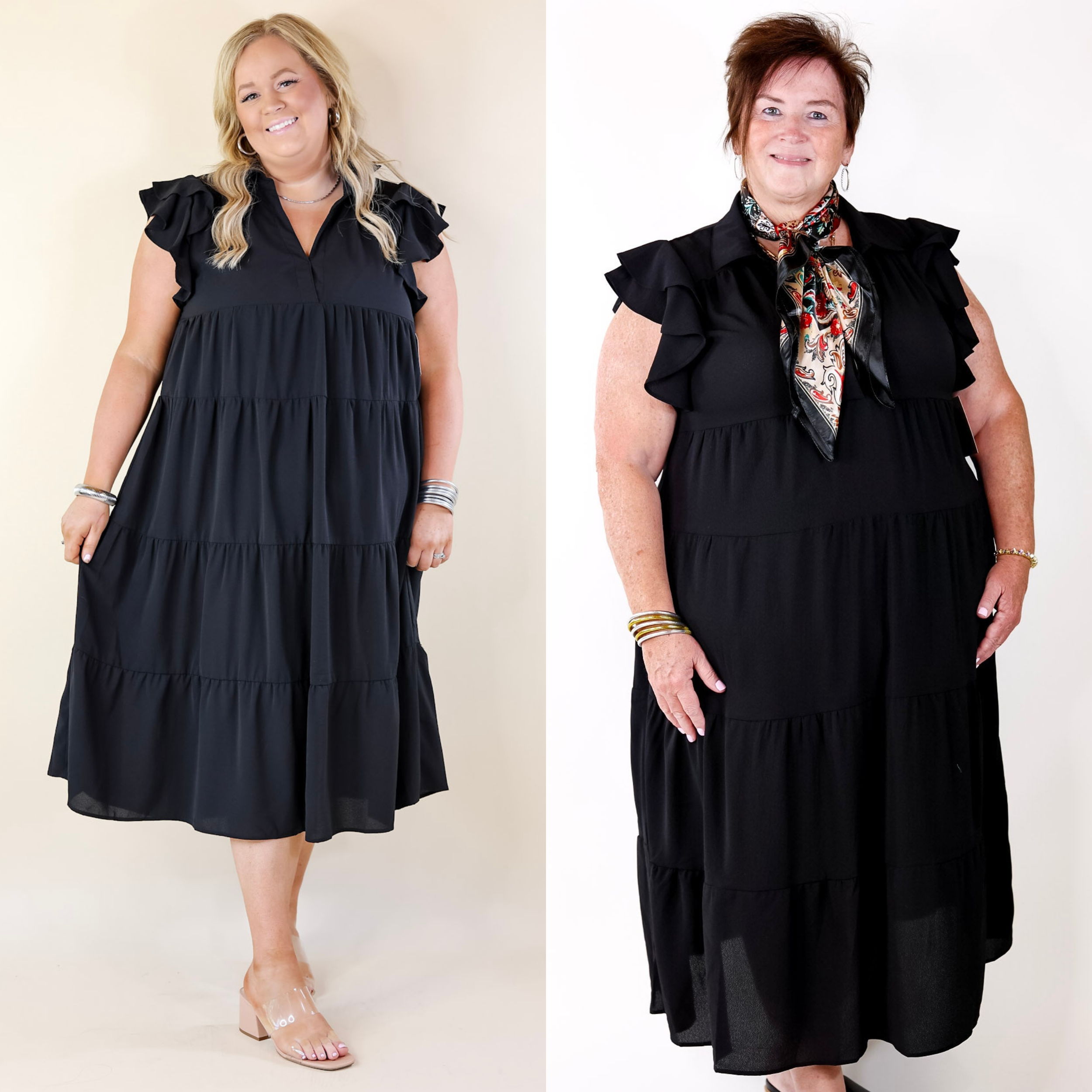 All Of A Sudden Tiered Midi Dress with Ruffle Cap Sleeves in Black - Giddy Up Glamour Boutique