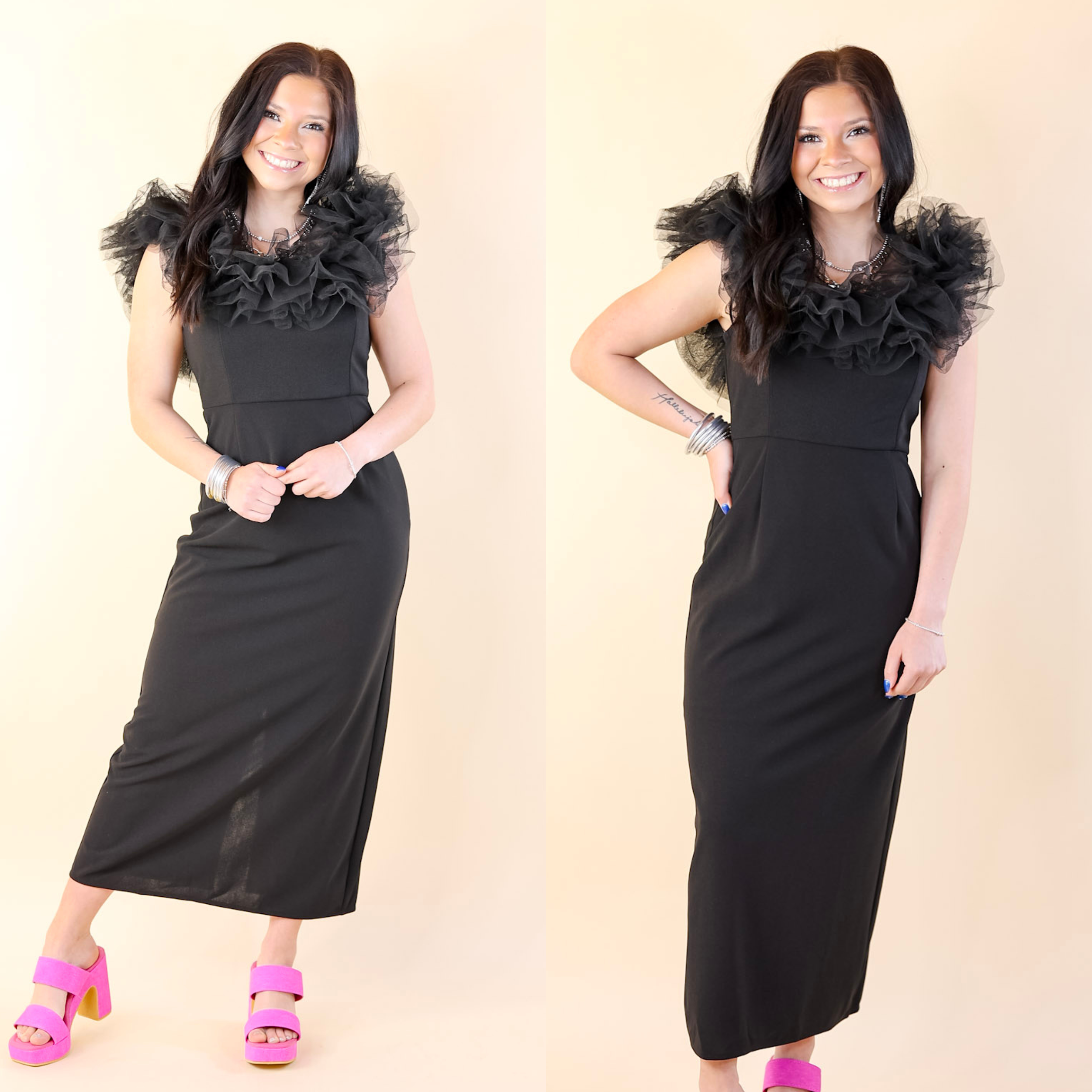 Radiating Confidence Off the Shoulder Tulle Dress in Black - Giddy Up Glamour Boutique