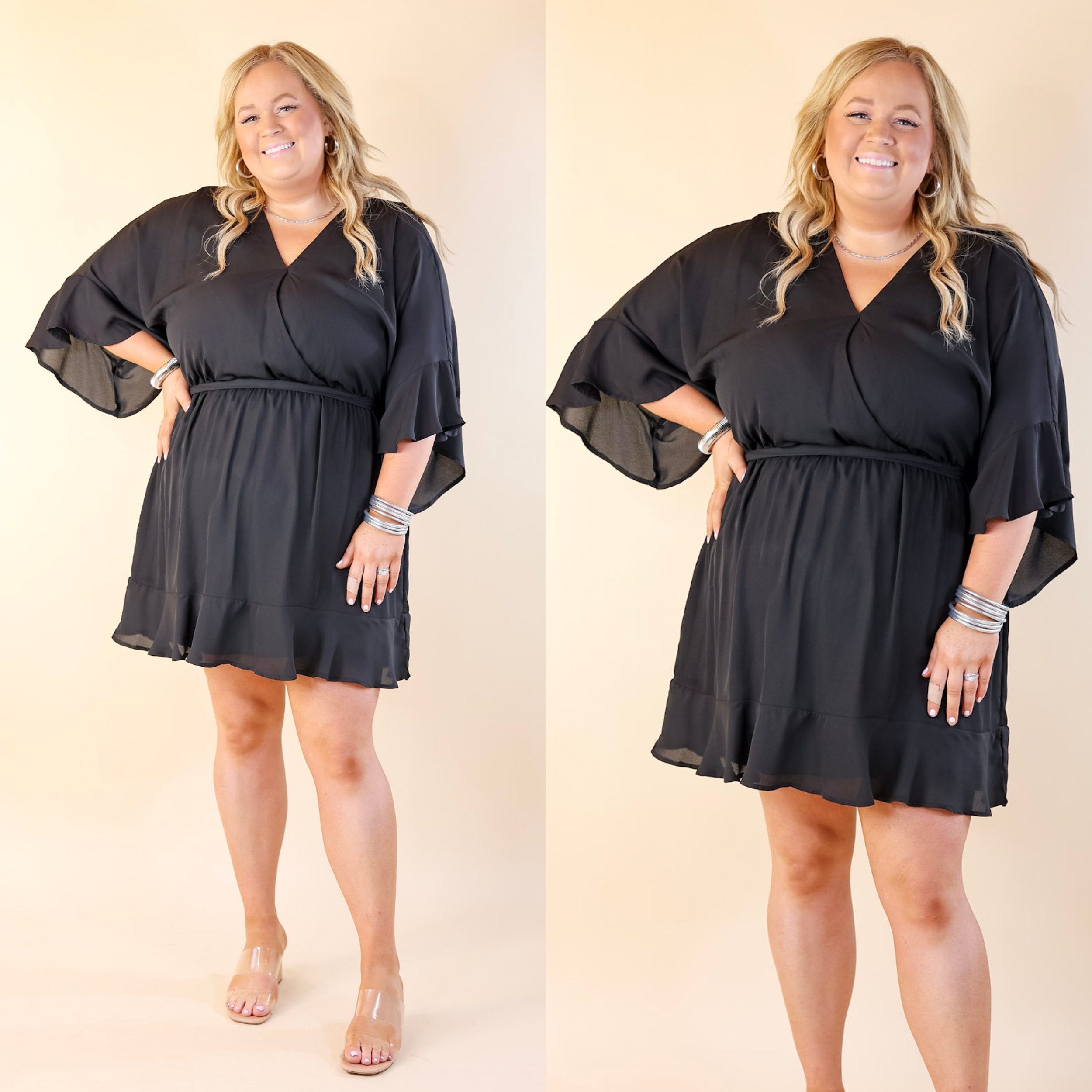 Super Chic Ruffle Sleeve V Neck Dress with Waist Tie in Black - Giddy Up Glamour Boutique