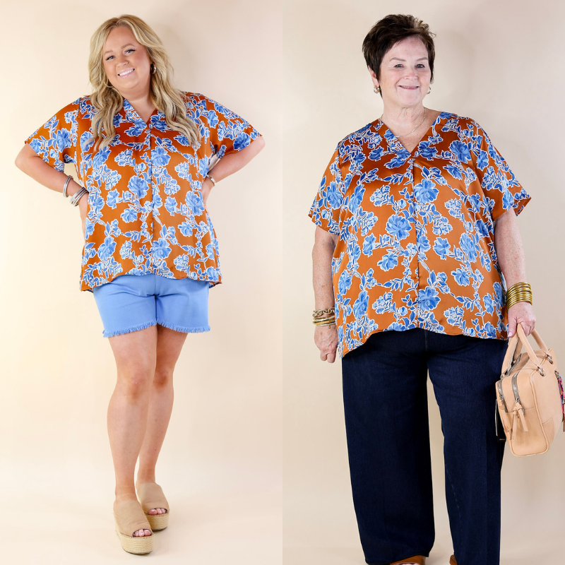 Whimsical Ways Floral Short Sleeve Blouse in Copper and Blue - Giddy Up Glamour Boutique