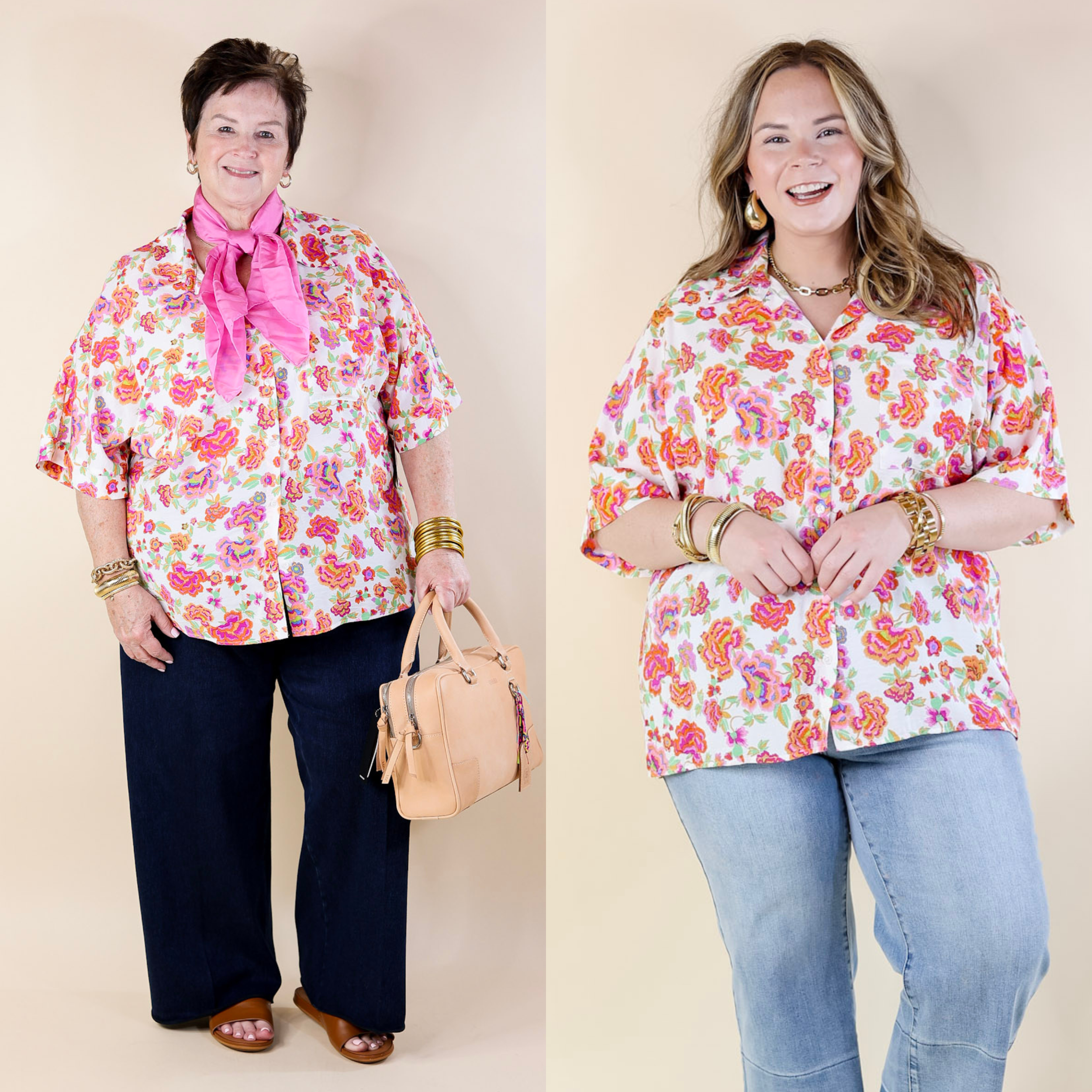 Enchanted Blooms Floral Print Top with Collar in Off White - Giddy Up Glamour Boutique
