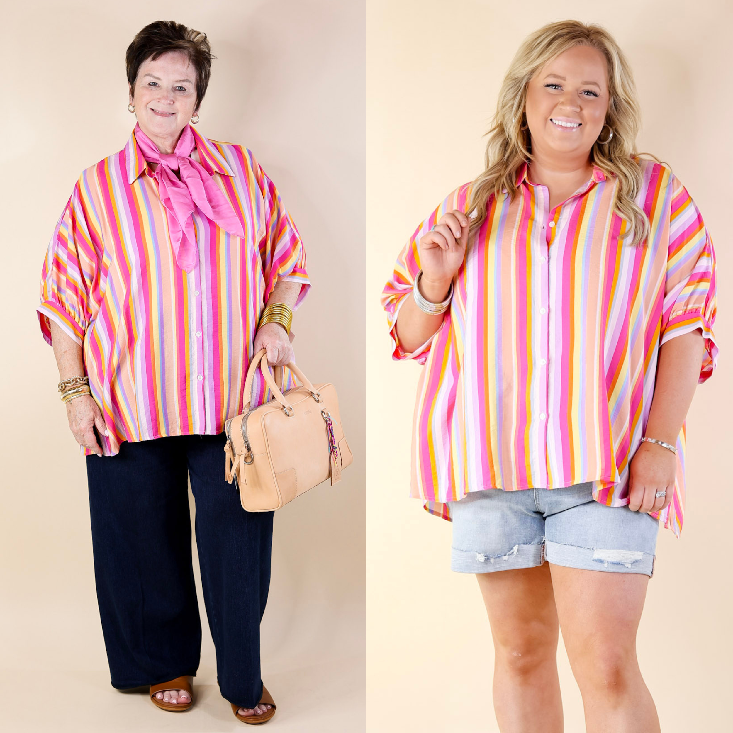 Bold Bliss Multi Color Striped Top with Collar - Giddy Up Glamour Boutique