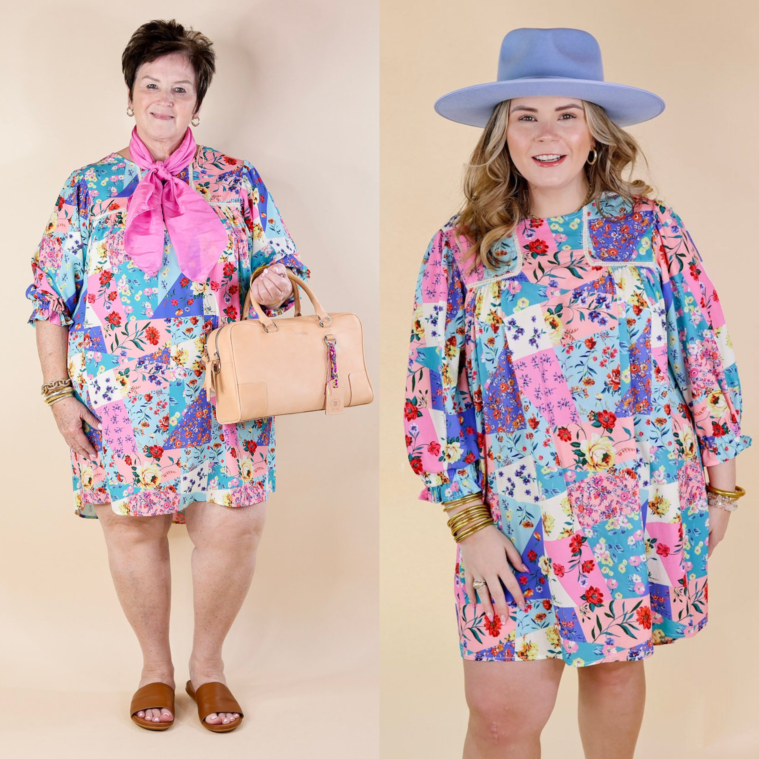 Floral Paradise Floral Patch Pattern Dress in Blue and Pink - Giddy Up Glamour Boutique
