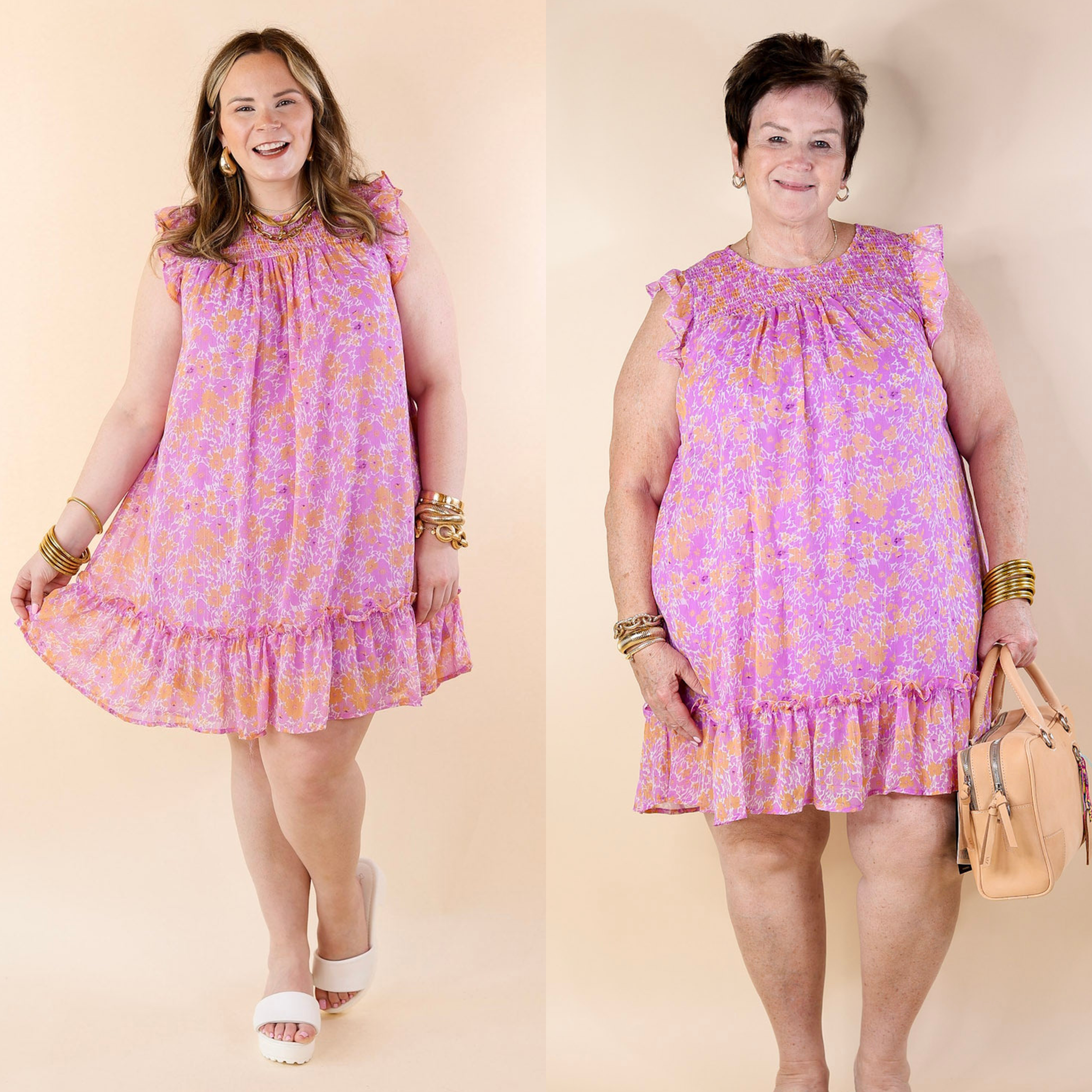 New To The Scene Floral Dress with Ruffle Cap Sleeves in Purple and Orange - Giddy Up Glamour Boutique