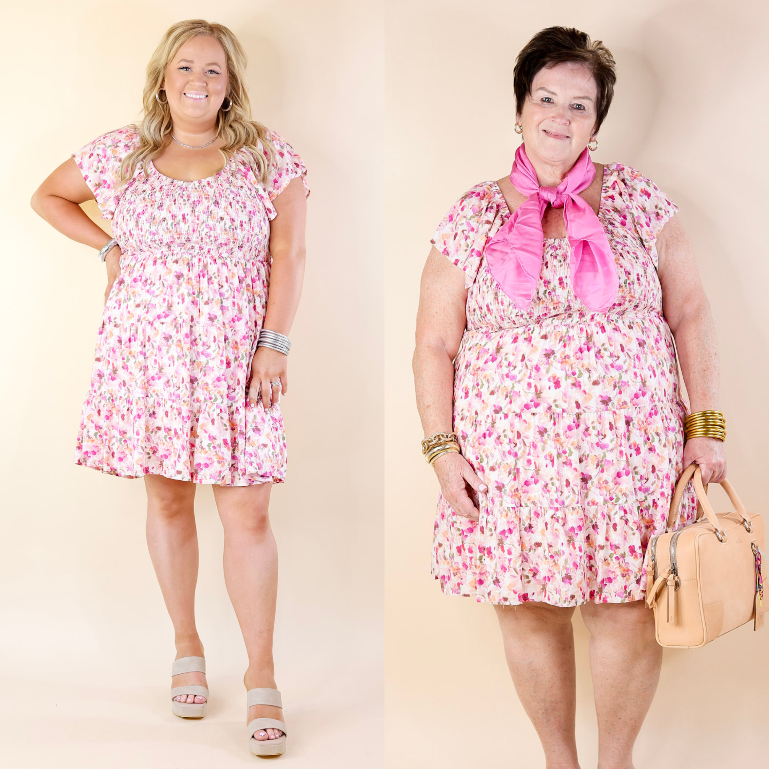 Sweet To Me Smocked Upper Floral Tiered Dress in Pink - Giddy Up Glamour Boutique
