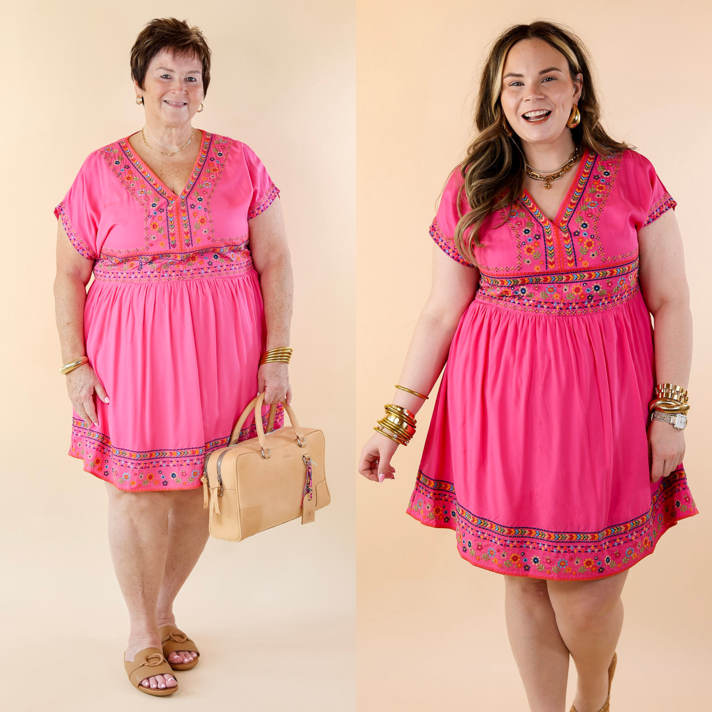 Passing Through V Neck Embroidered Dress with Short Sleeves in Pink - Giddy Up Glamour Boutique
