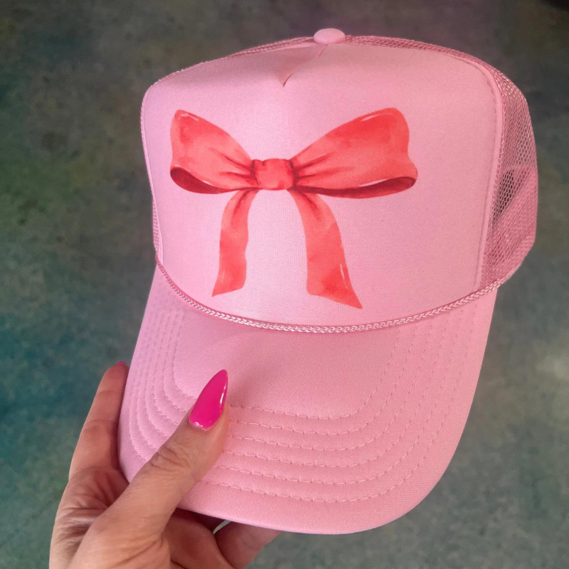 Online Exclusive | Pink Bow Coquette Foam Trucker Cap in Solid Baby Pink - Giddy Up Glamour Boutique
