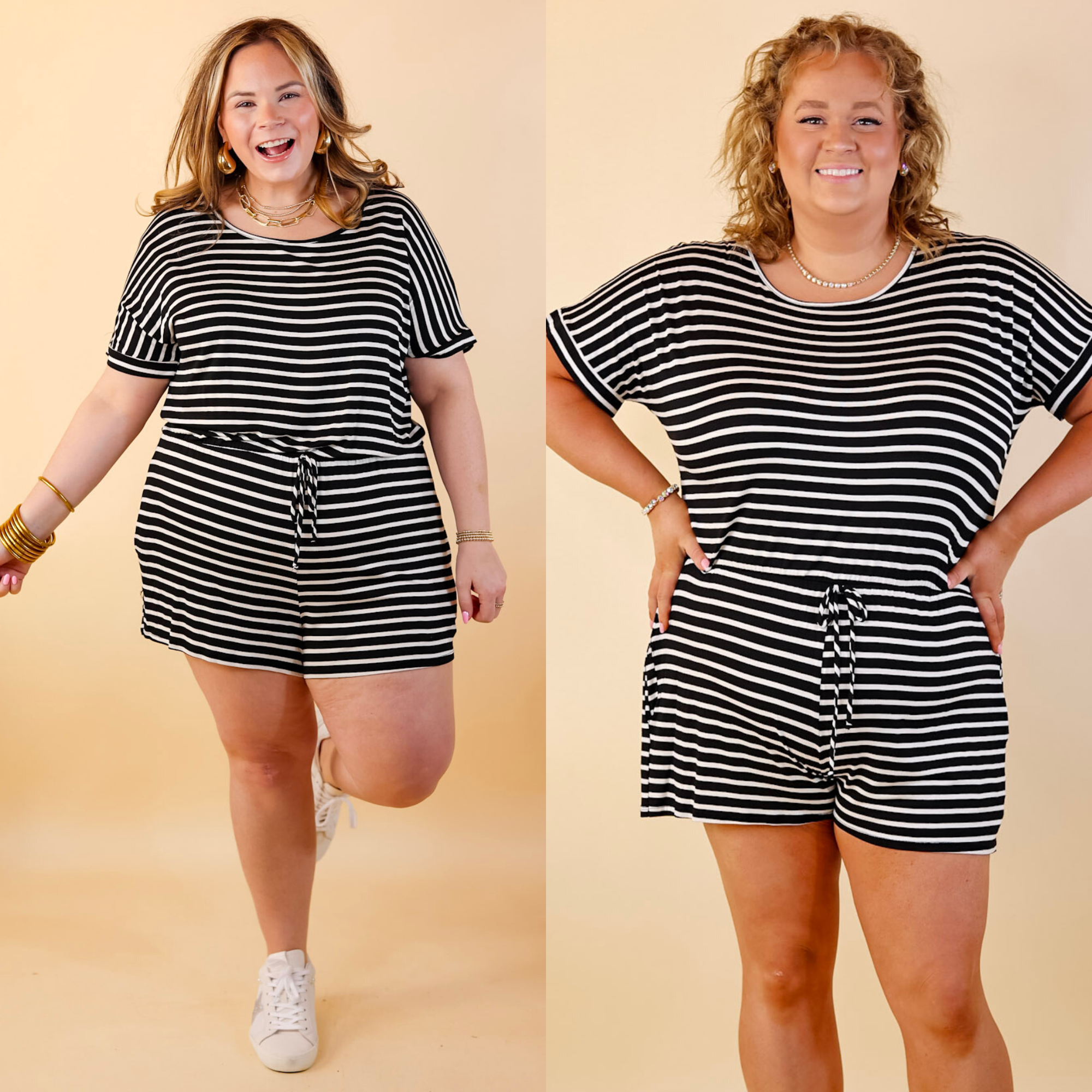 Let Me Loose Striped Short Sleeve Drawstring Waist Tee Shirt Romper in Black and Ivory - Giddy Up Glamour Boutique
