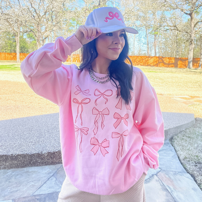 Online Exclusive | Coquette Bow Collection Long Sleeve Graphic Sweatshirt in Pink - Giddy Up Glamour Boutique