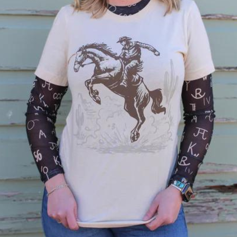 Online Exclusive | Buster Bronc Short Sleeve Graphic Tee in Beige - Giddy Up Glamour Boutique