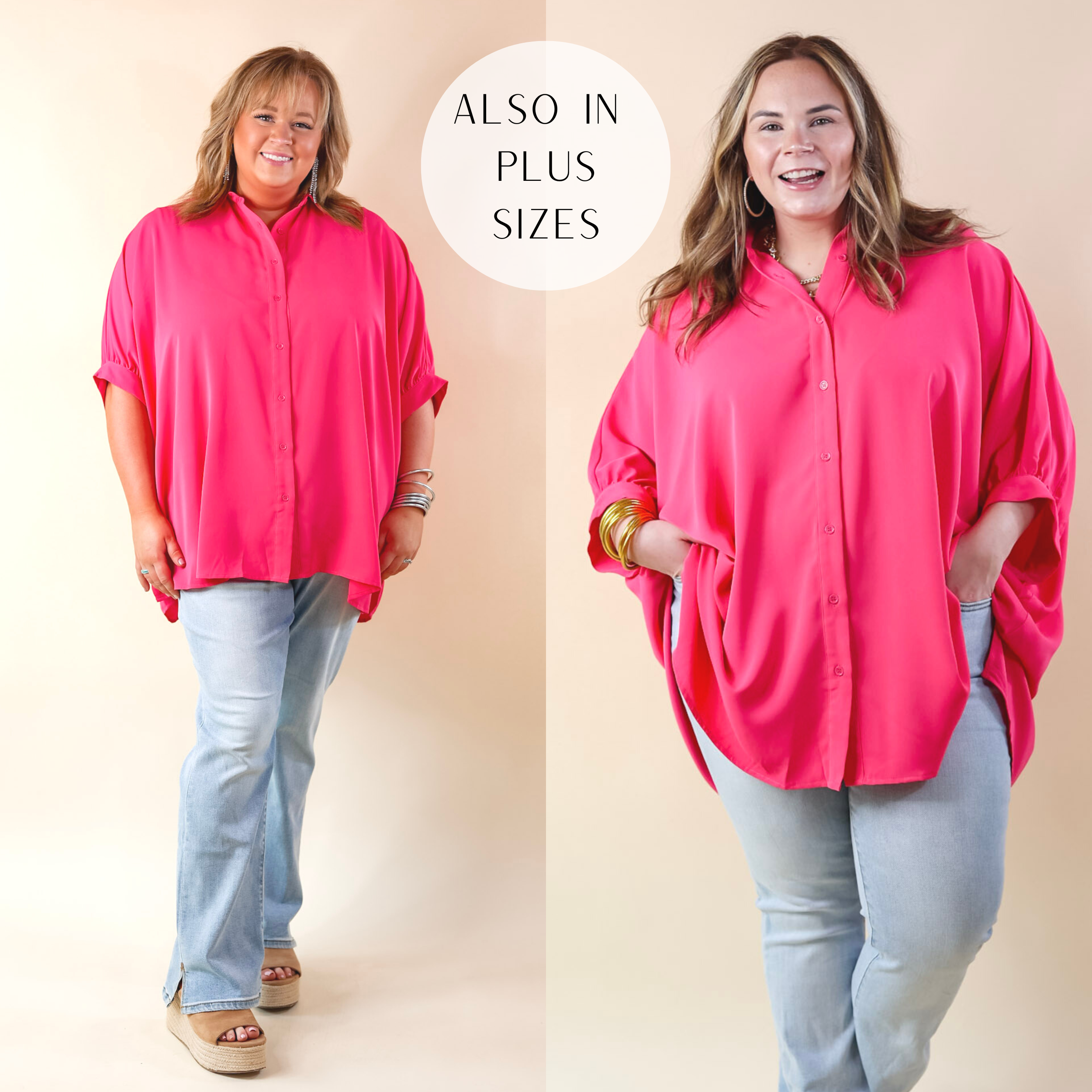 City Lifestyle Button Up Half Sleeve Poncho Top in Hot Pink - Giddy Up Glamour Boutique