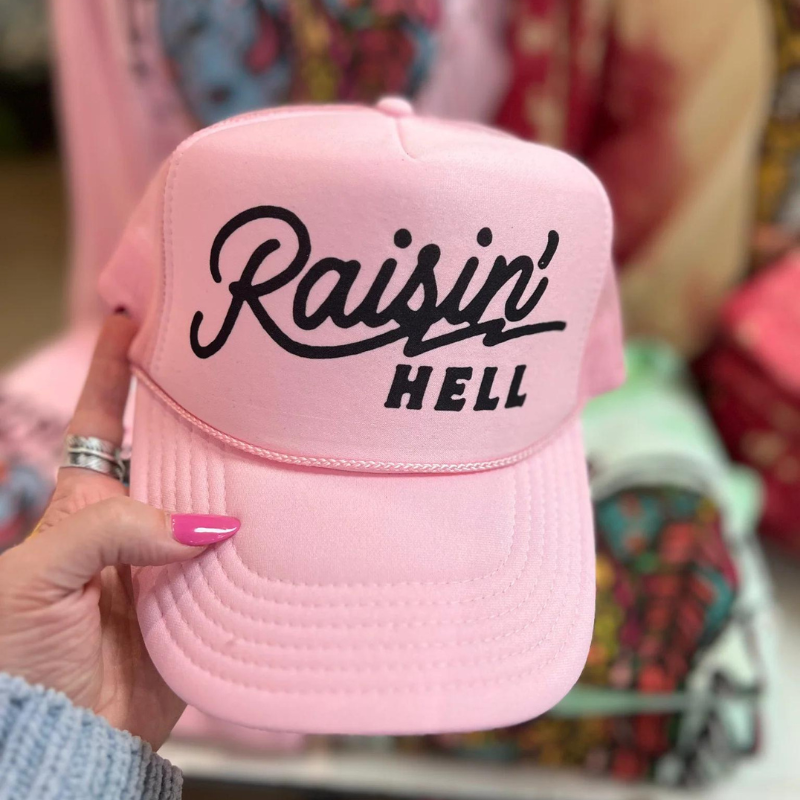 Online Exclusive | Raisin' Hell Foam Trucker Cap in Baby Pink - Giddy Up Glamour Boutique