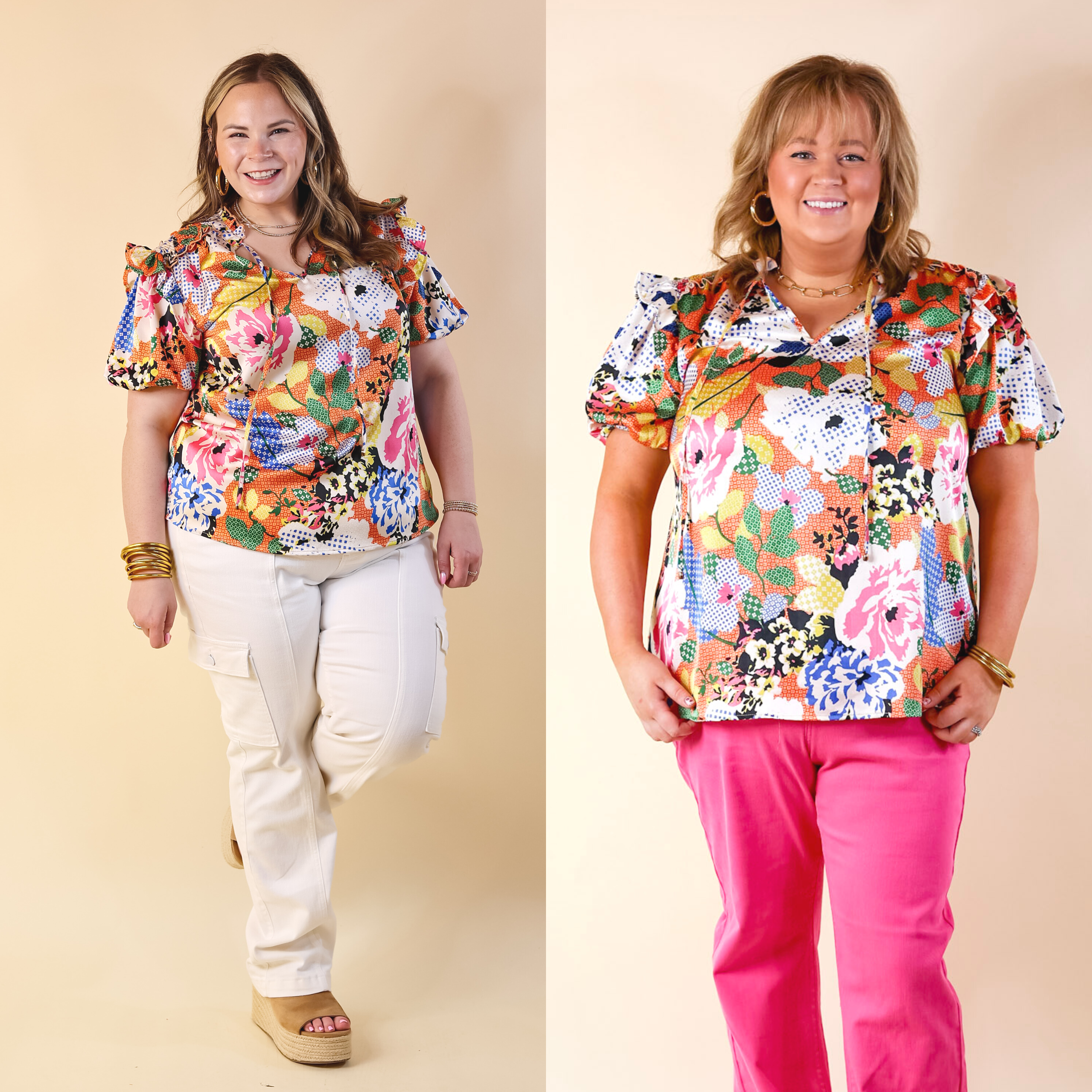 Malibu Villa Floral Print Top with Keyhole and Tie Neckline in Orange Mix - Giddy Up Glamour Boutique