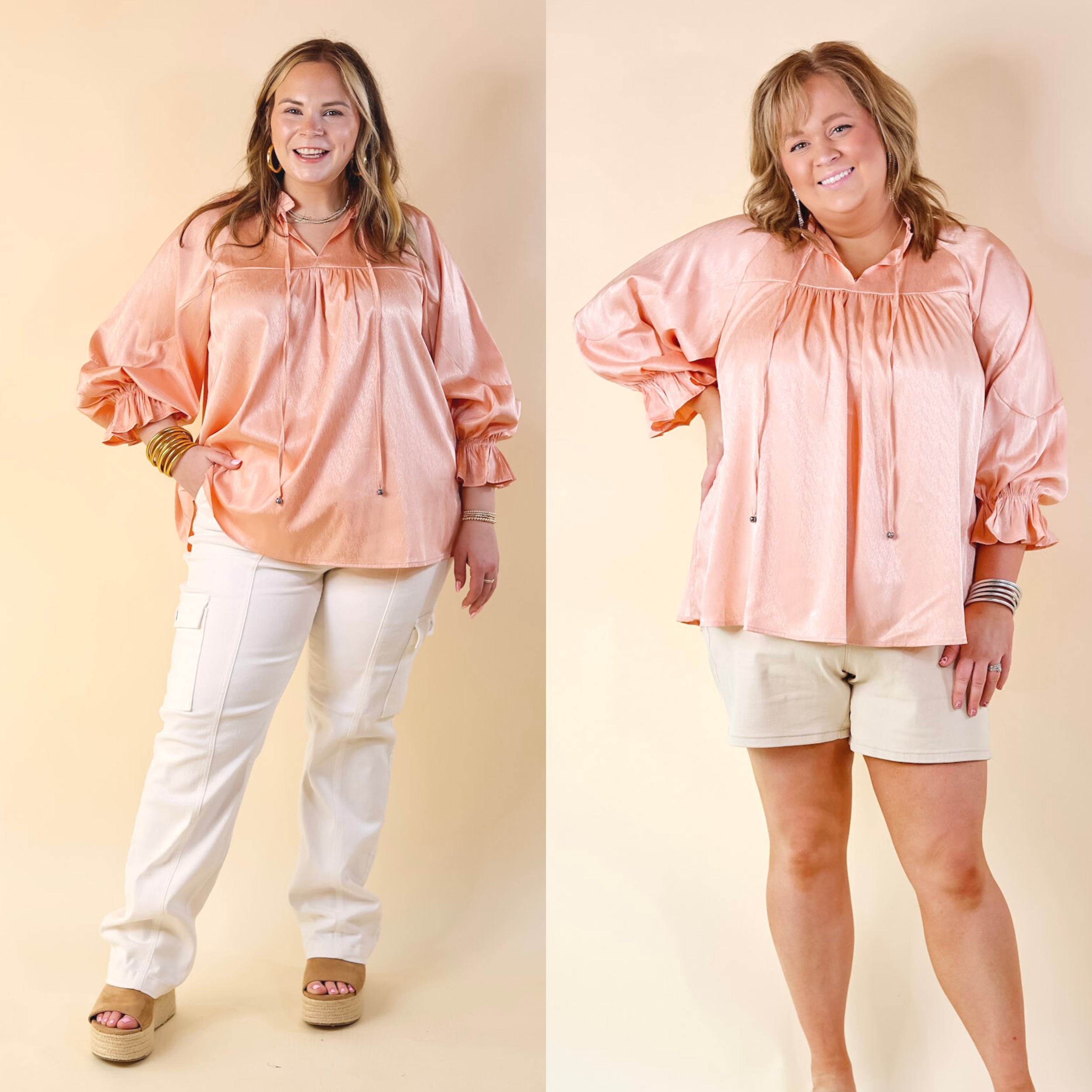 Sunset Situation Front Tie Keyhole Blouse in Peach Orange - Giddy Up Glamour Boutique