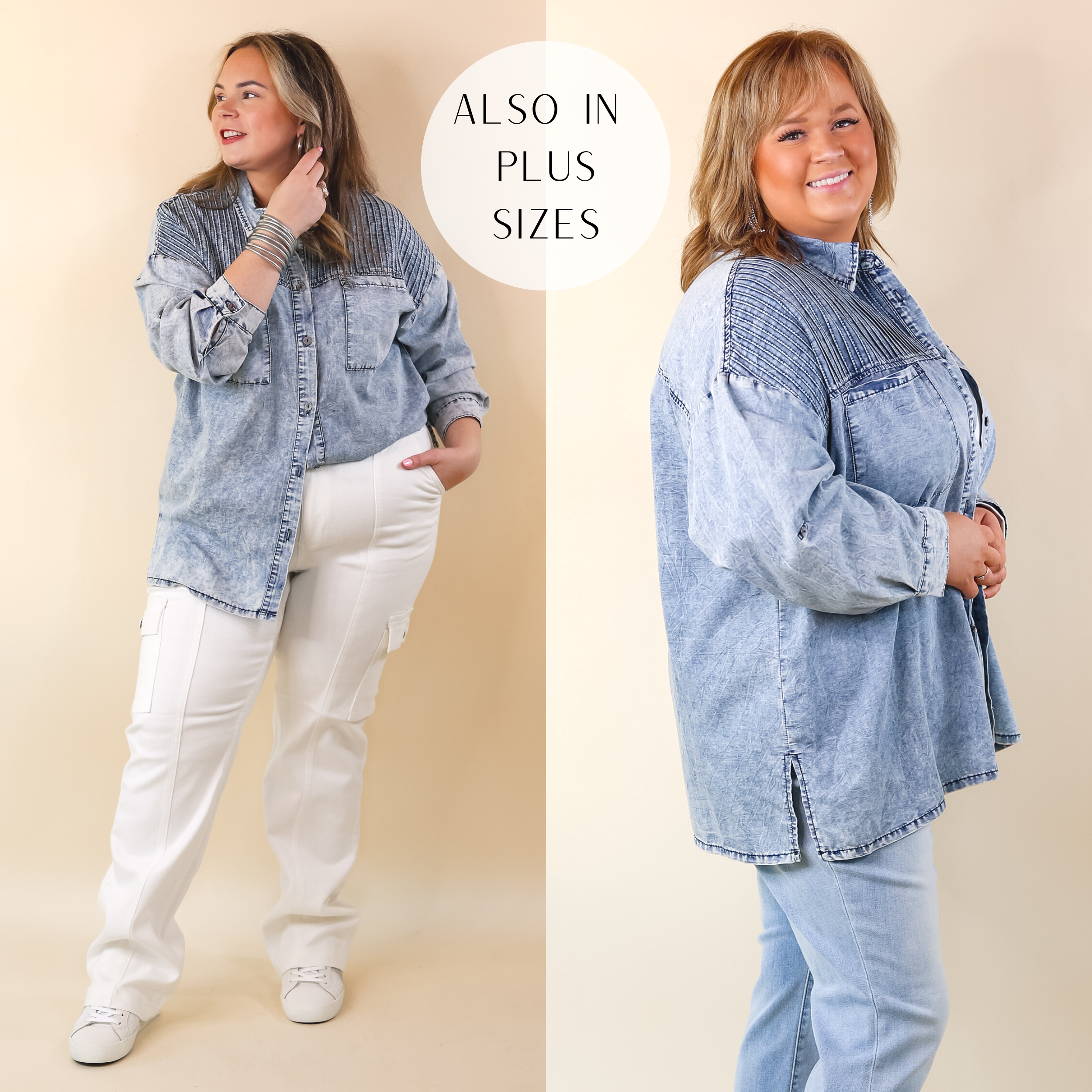 Dawn Of Time Pleated Button Up Denim Top - Giddy Up Glamour Boutique