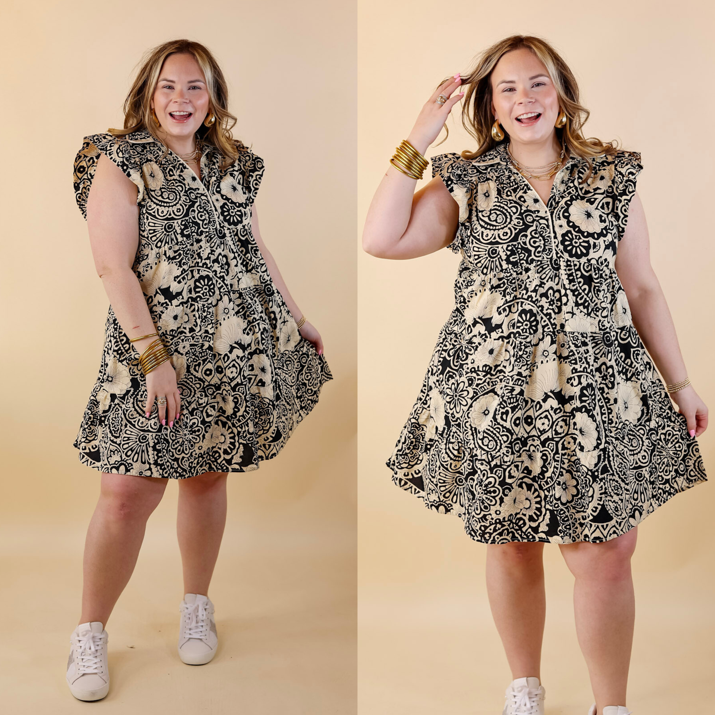 Classy Evenings Floral Print Collared Dress in Beige and Black - Giddy Up Glamour Boutique
