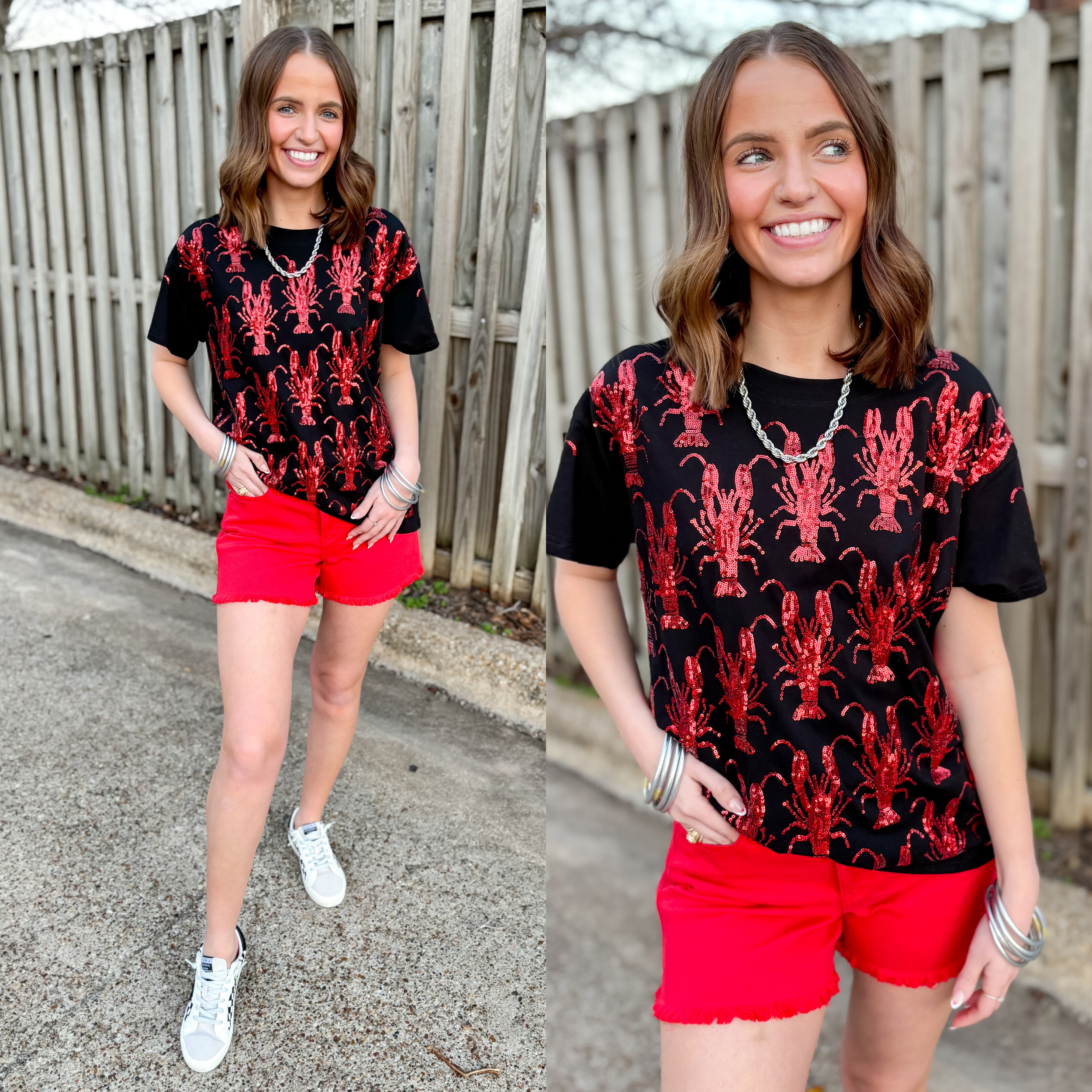 Queen Of Sparkles | Bayou Beauty Fully Sequin Crawfish Short Sleeve Tee in Black - Giddy Up Glamour Boutique