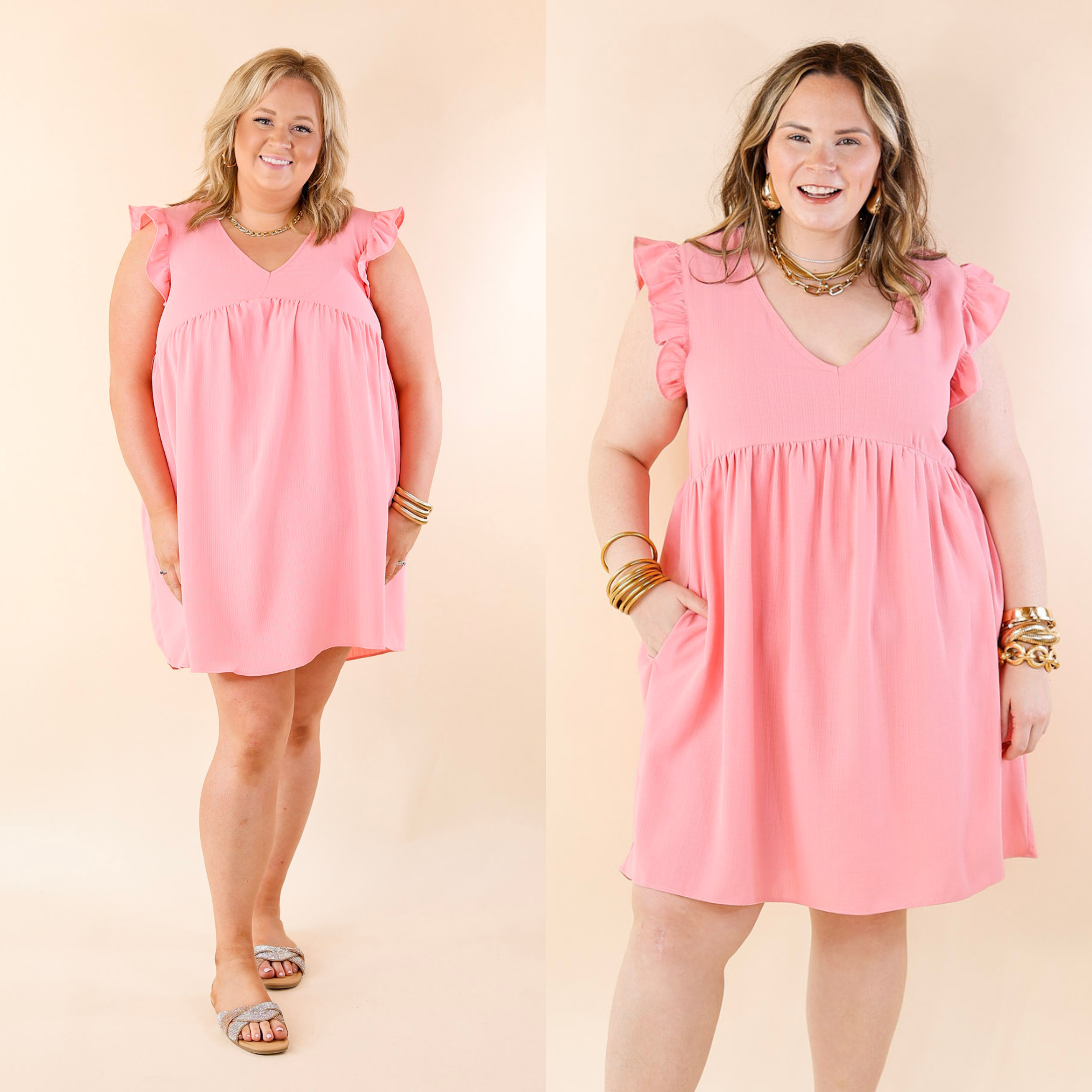 Capture Your Attention V Neck Dress with Ruffle Cap Sleeves in Bubblegum Pink - Giddy Up Glamour Boutique