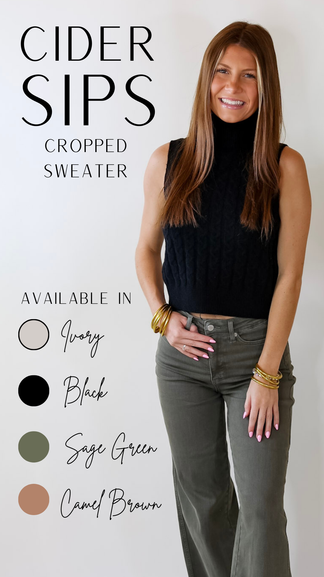 Cider Sips Cropped Sweater Tank Top with High Neck in Black - Giddy Up Glamour Boutique
