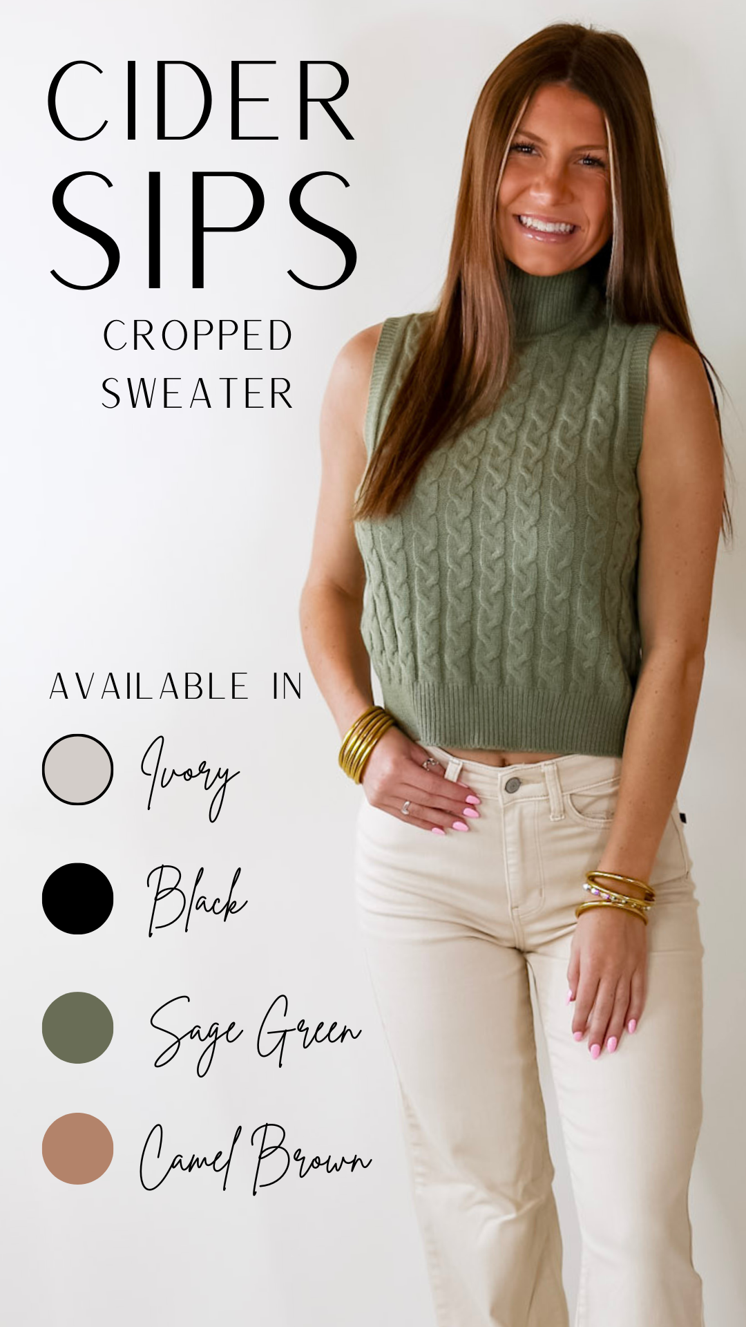 Cider Sips Cropped Sweater Tank Top with High Neck in Sage Green - Giddy Up Glamour Boutique