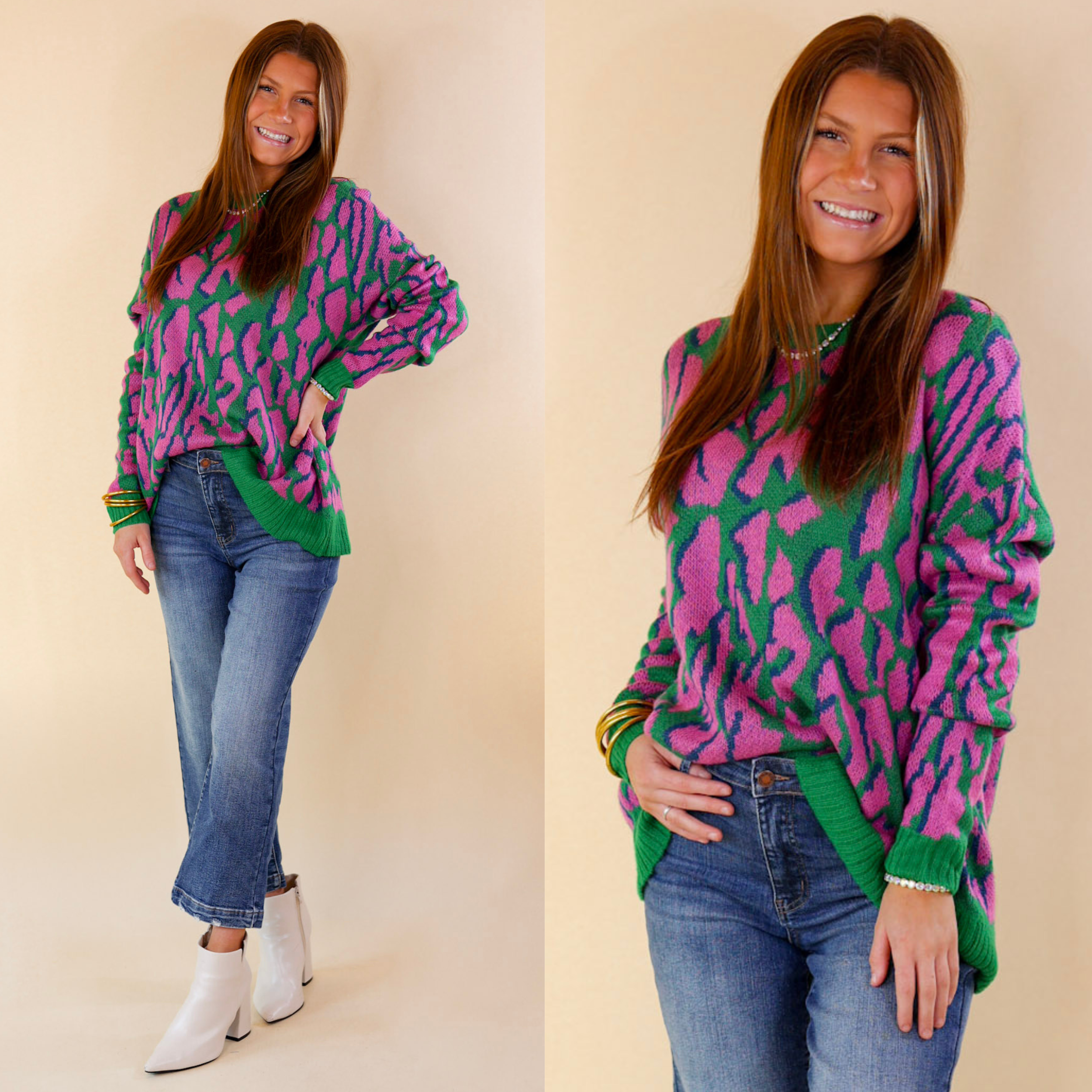 Model is wearing pink and green animal print sweater. Model has this paired with dark wash jeans, white booties, and gold jewelry. 