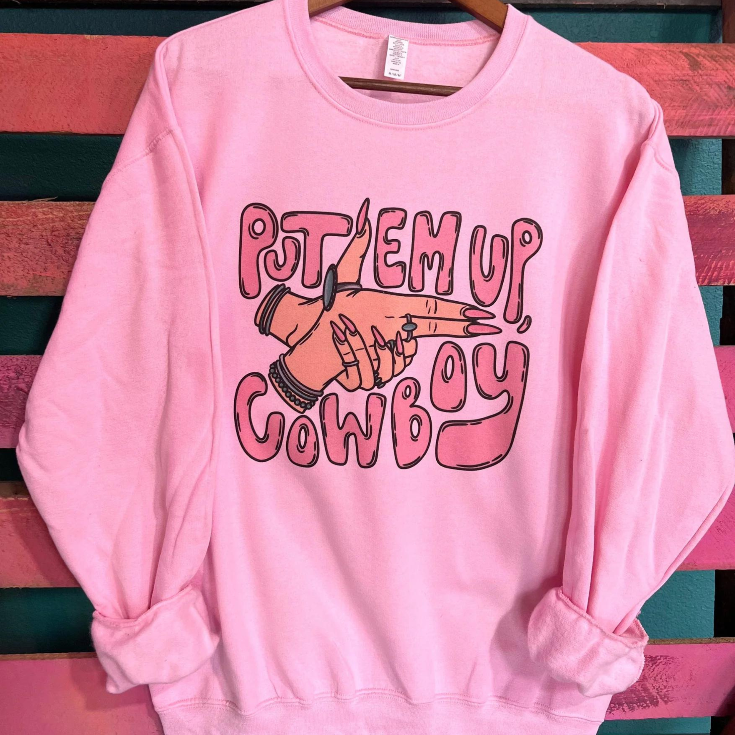 Online Exclusive | Put Em Up Cowboy Graphic Sweatshirt in Pink - Giddy Up Glamour Boutique