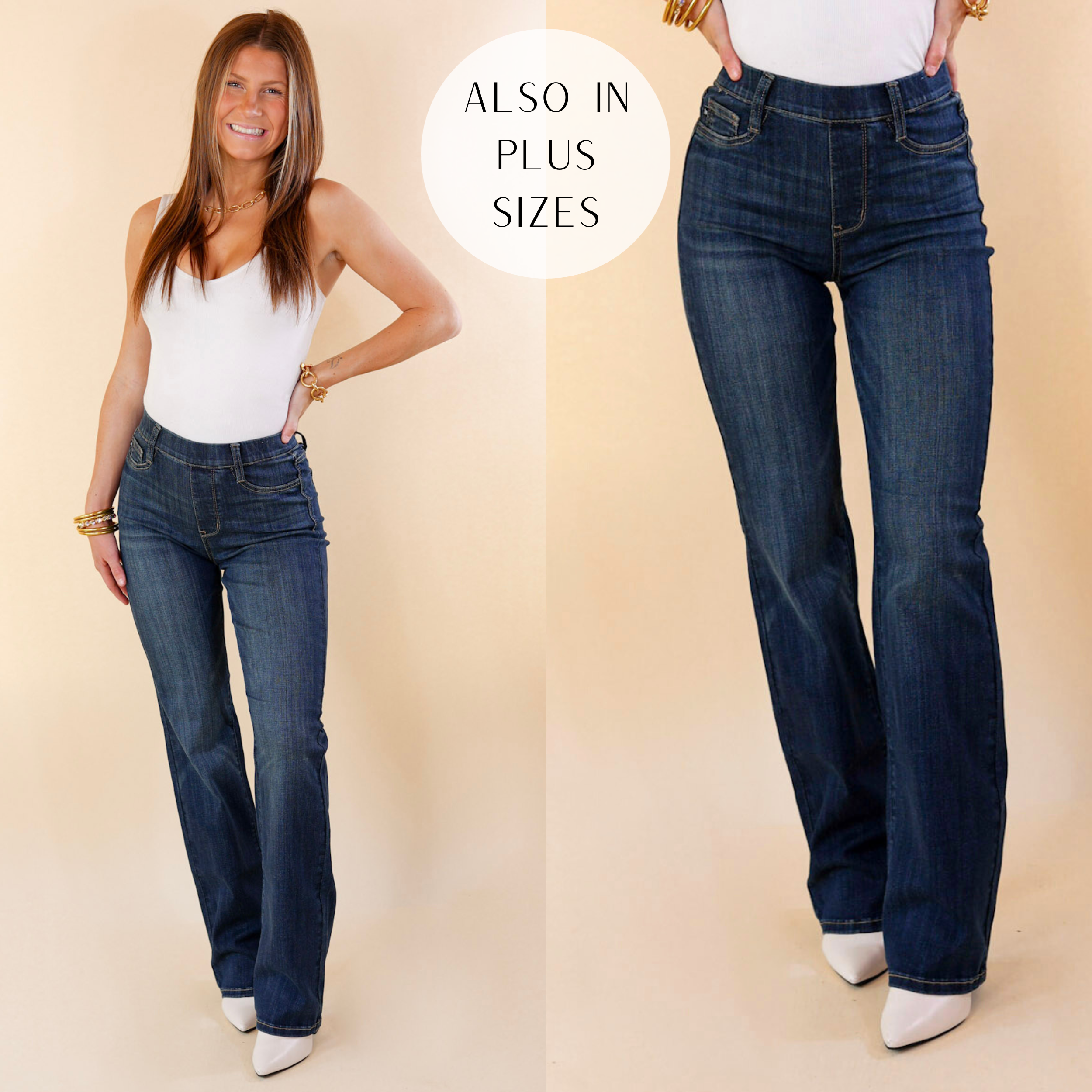 Model is wearing a pair of elastic waist bootcut jeans in dark wash. Model has it paired with a white tank top, gold jewelry, and white booties.