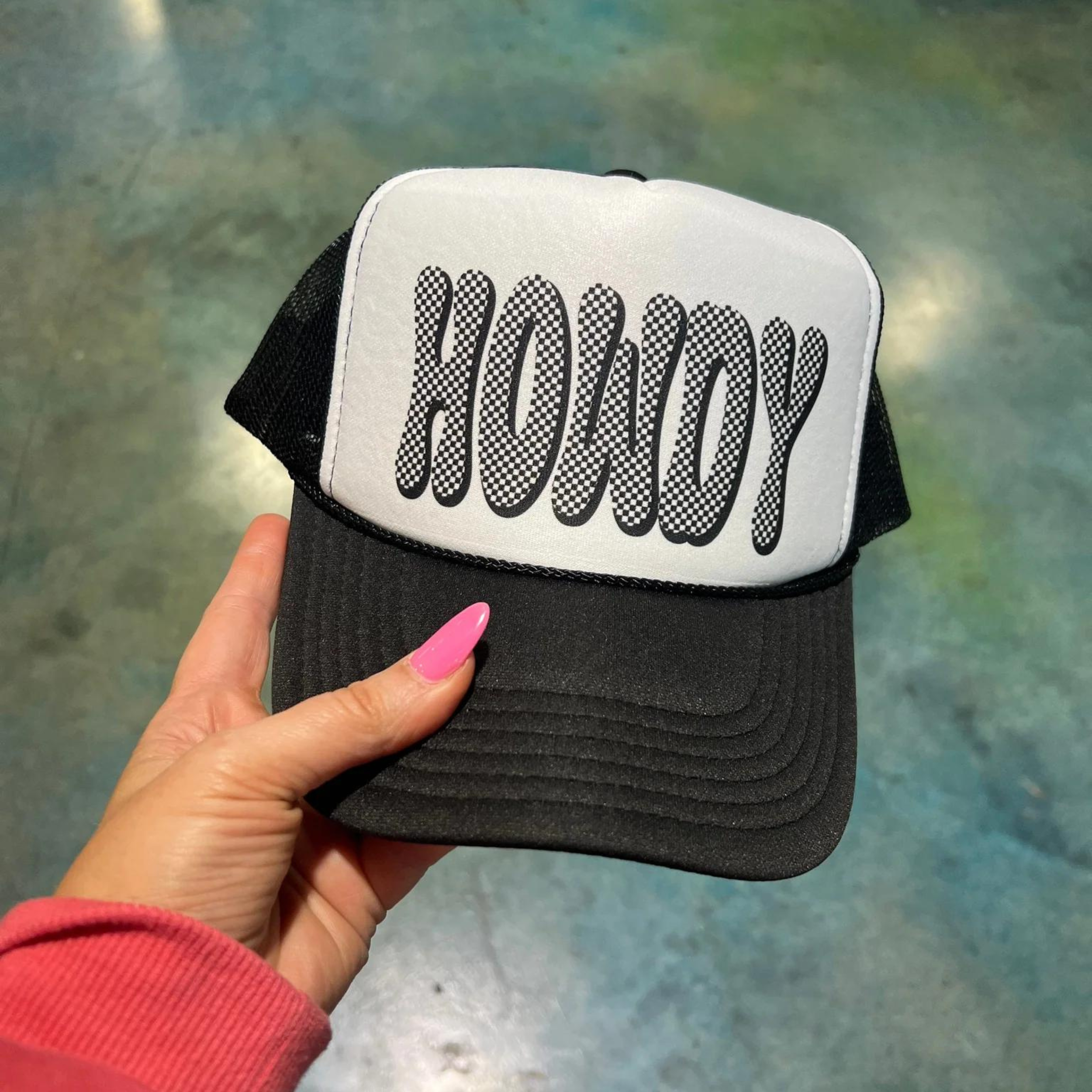 Online Exclusive | Checkered Howdy Foam Trucker Cap in Black and White - Giddy Up Glamour Boutique