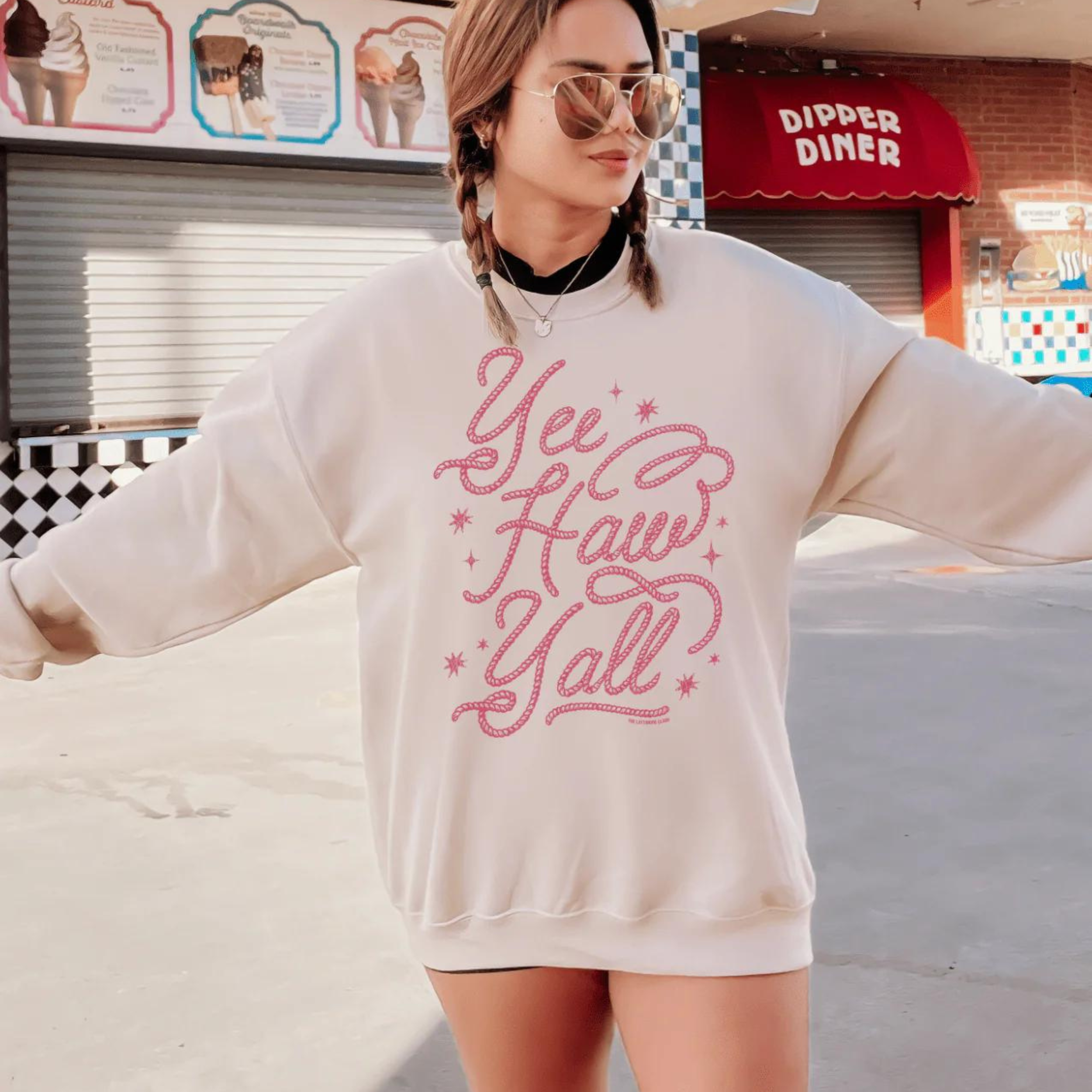Online Exclusive | Yee Haw Yall Rope Writing Graphic Sweatshirt in Cream - Giddy Up Glamour Boutique