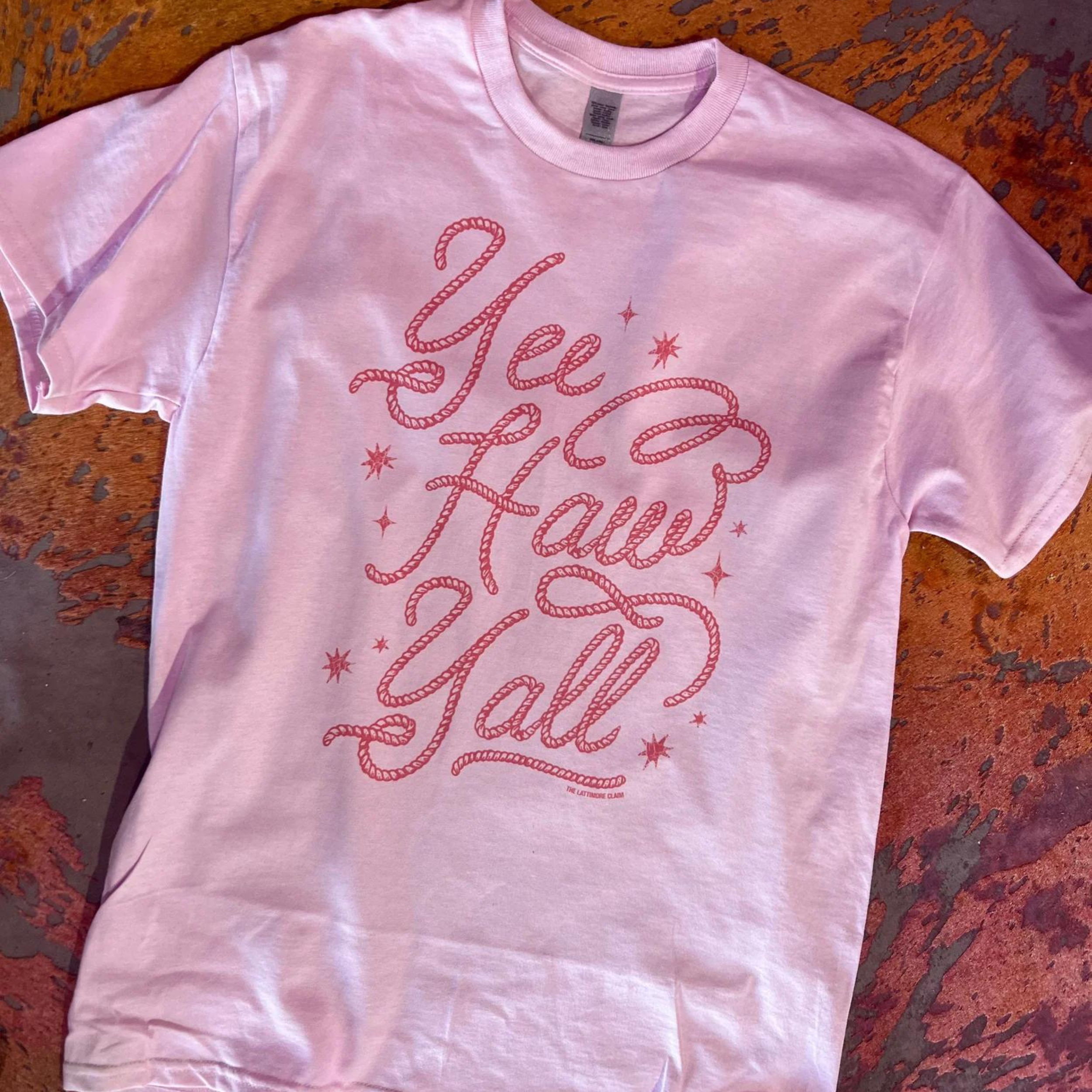 Online Exclusive | Yee Haw Yall Rope Writing Graphic Tee in Pink - Giddy Up Glamour Boutique