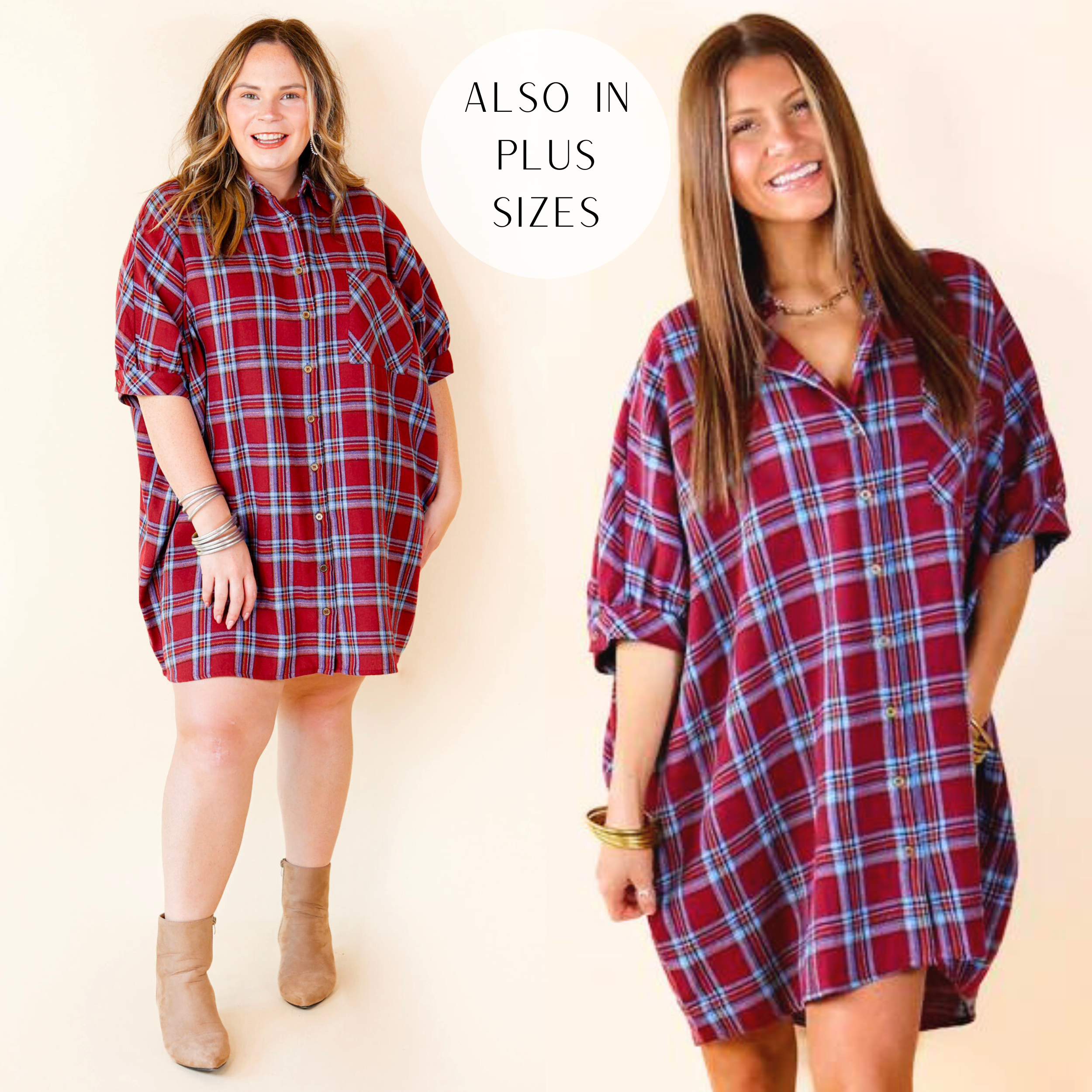 Model is wearing a plaid button up dress with a collared neckline and short sleeves. Model has it paired with white boots and gold jewelry.