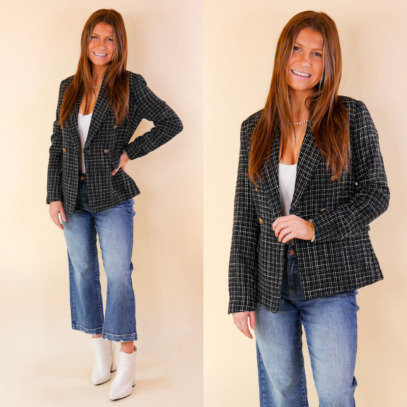 Unique Bargains Women's Plaid Tweed Blazer Long Sleeve Open Front Work  Jacket XL Black 