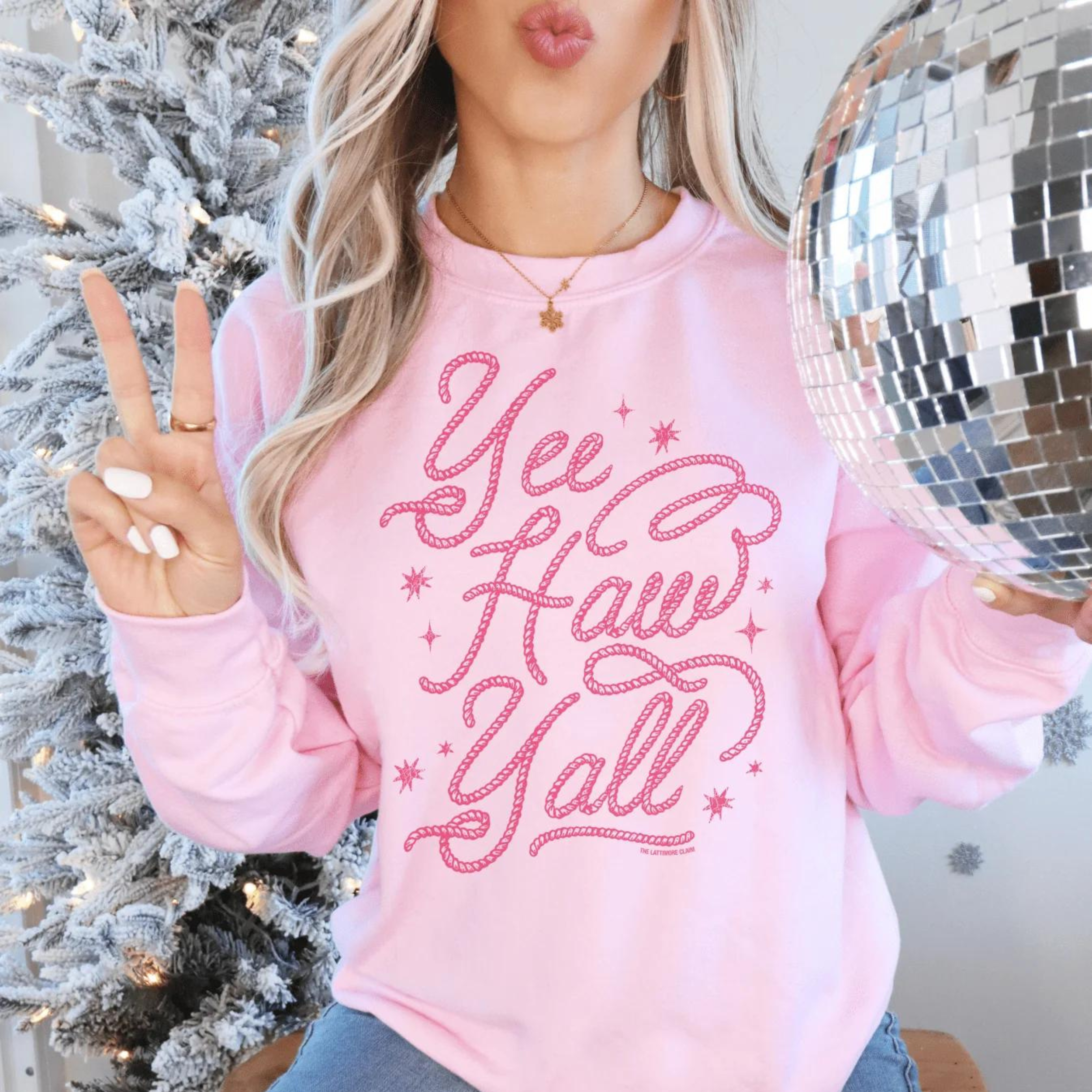 Online Exclusive | Yee Haw Yall Rope Writing Graphic Sweatshirt in Pink - Giddy Up Glamour Boutique