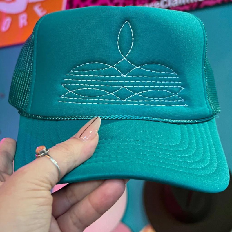 Online Exclusive | White Boot Stitch Foam Trucker Cap in Solid Jade Blue - Giddy Up Glamour Boutique