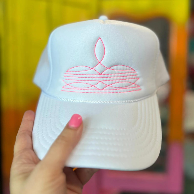Online Exclusive | Hot Pink Boot Stitch Foam Trucker Cap in White - Giddy Up Glamour Boutique