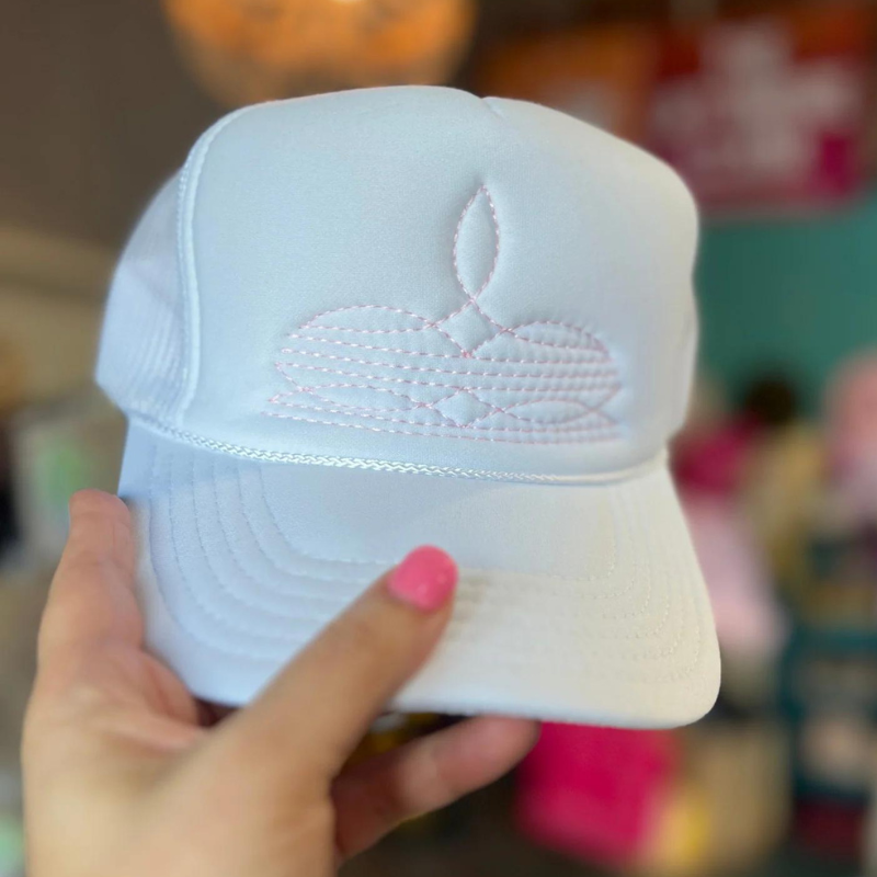 Online Exclusive | Baby Pink Boot Stitch Foam Trucker Cap in White - Giddy Up Glamour Boutique