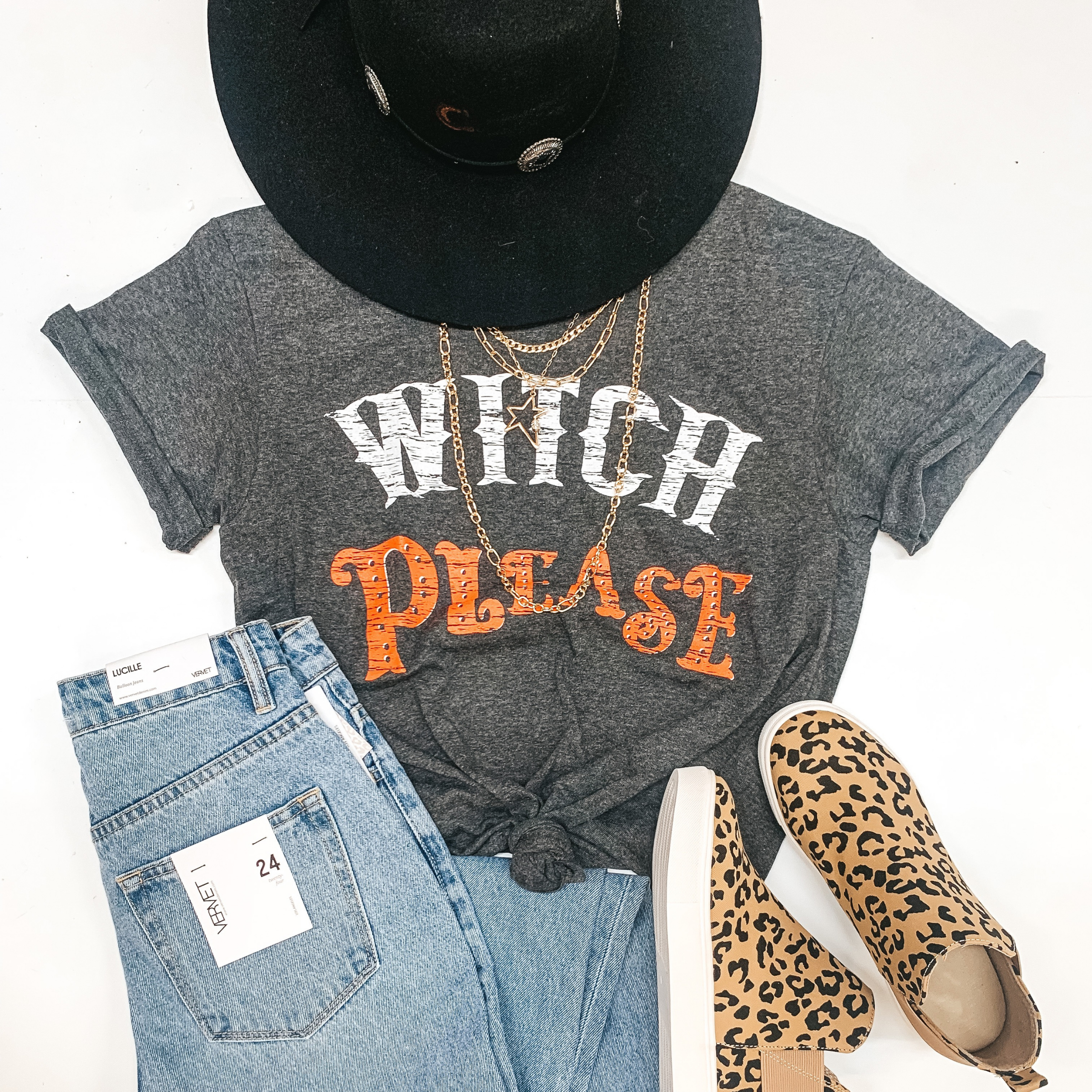 Witch Please Short Sleeve Graphic Tee in Heather Grey - Giddy Up Glamour Boutique