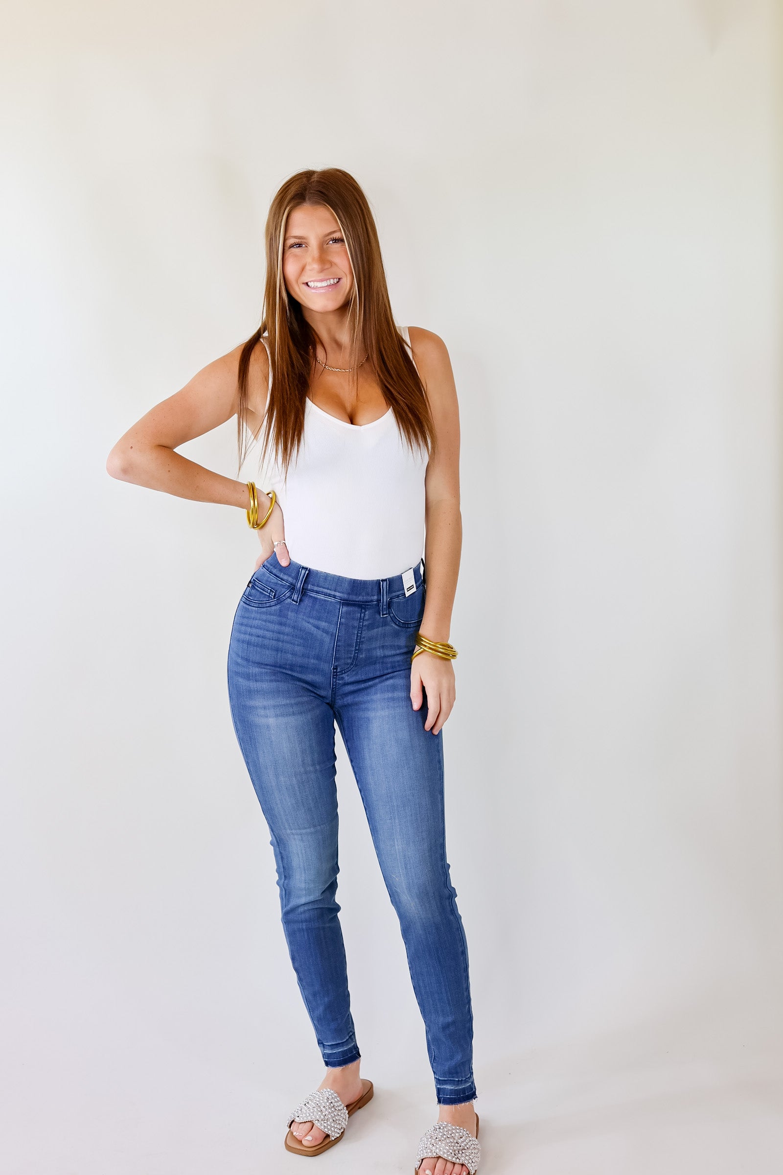 Judy Blue | Free To Dream Elastic Waist Pull On Skinny Jeans with Release Hem in Medium Wash - Giddy Up Glamour Boutique