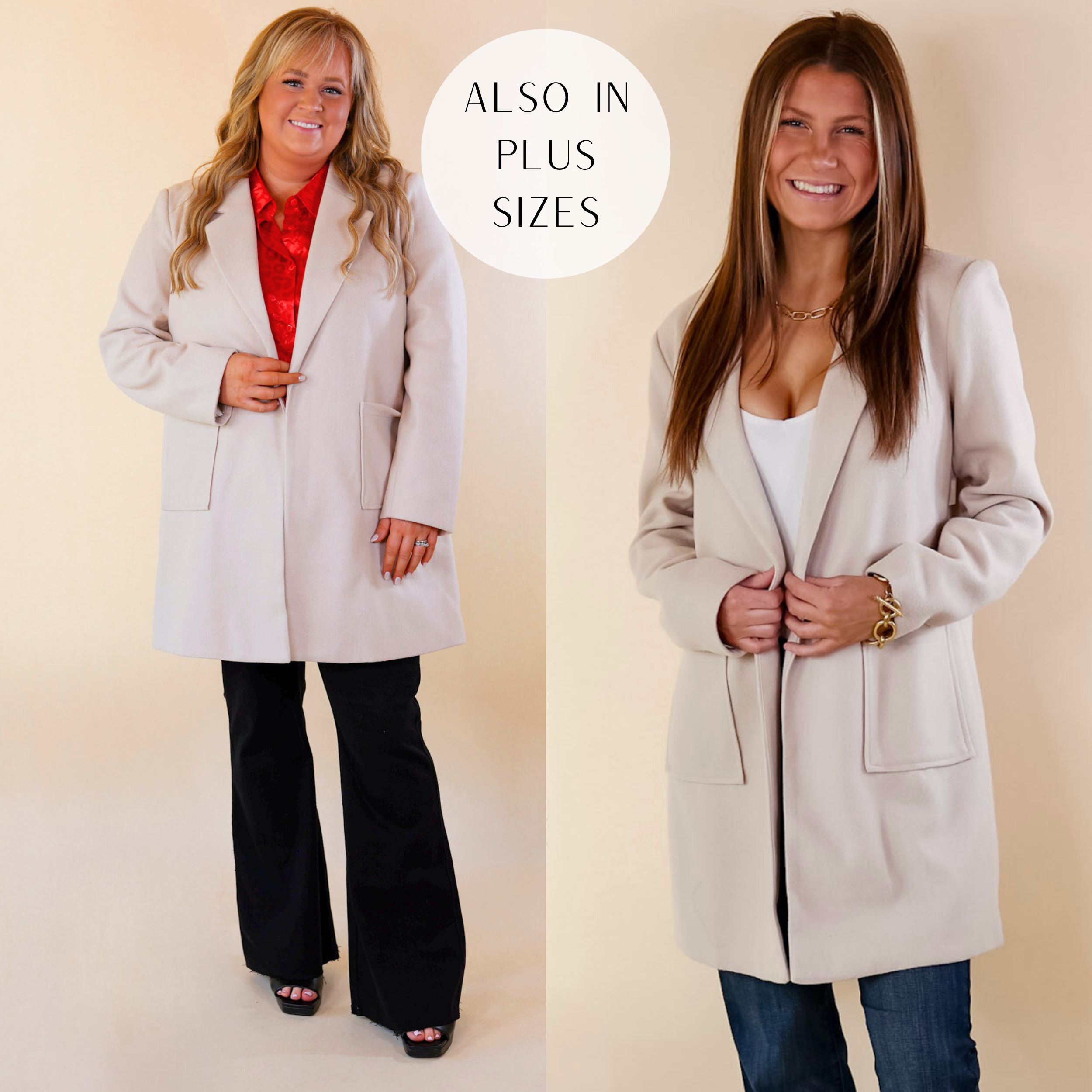 In the picture the models are wearing a Europeans holiday open front coat in beige with a white background.
