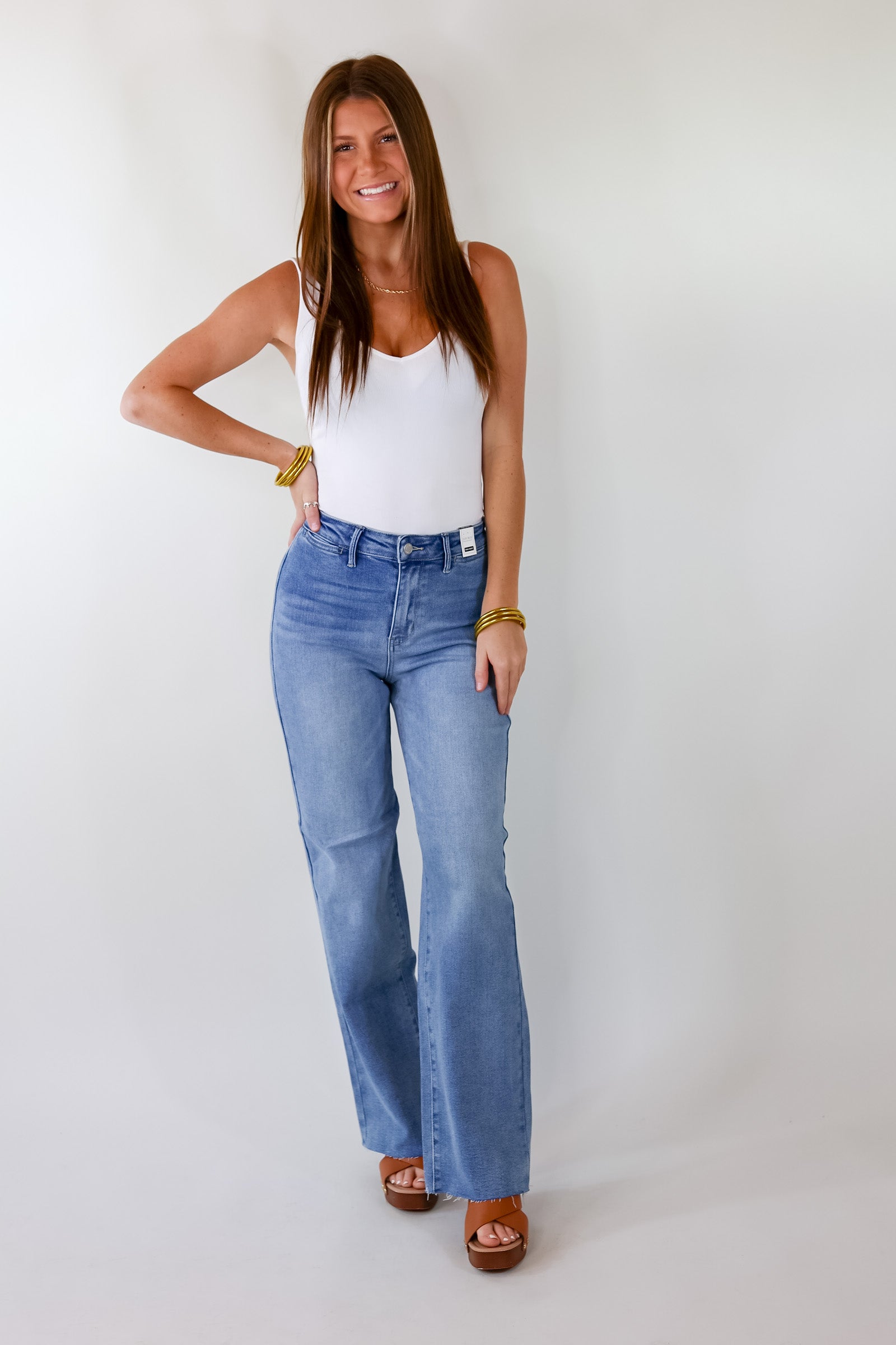 Judy Blue | Tell Me More Wide Leg Jeans with Raw Hem in Light Wash - Giddy Up Glamour Boutique