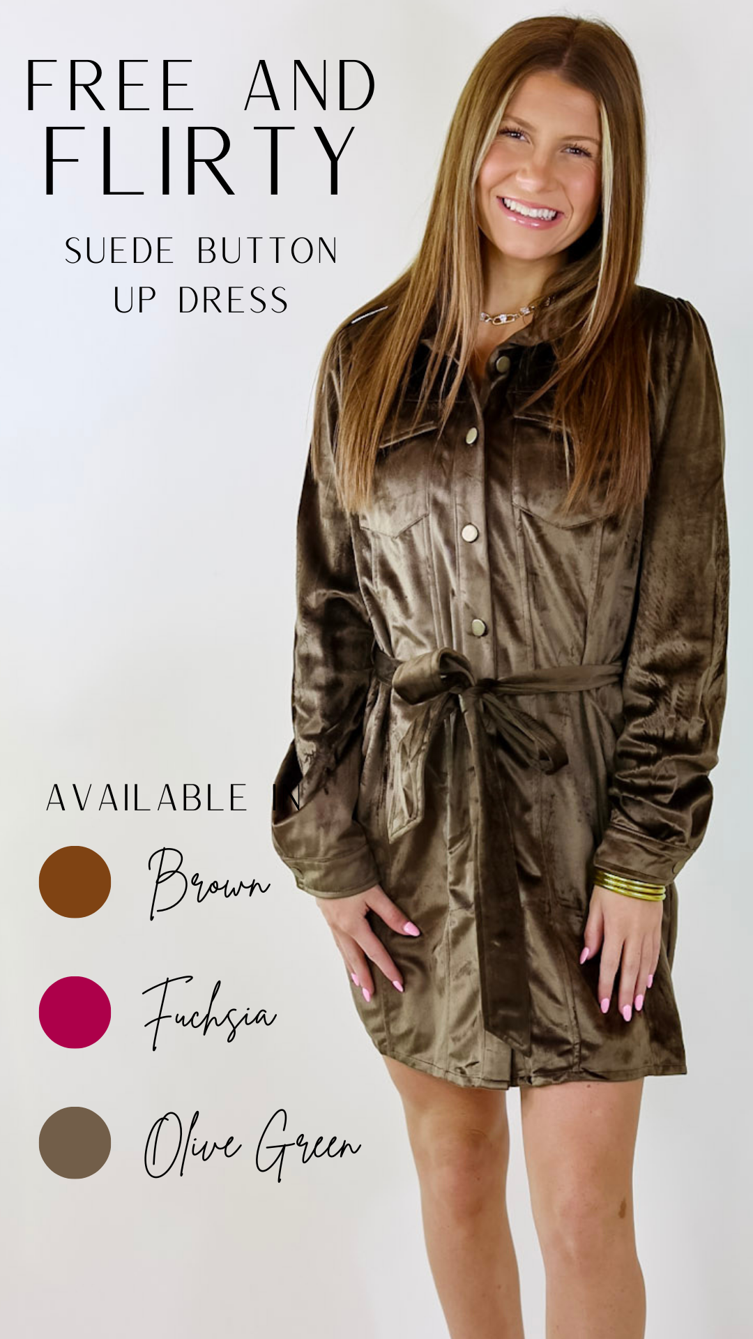 Free And Flirty Suede Button Up Dress with Waist Tie in Olive Green - Giddy Up Glamour Boutique