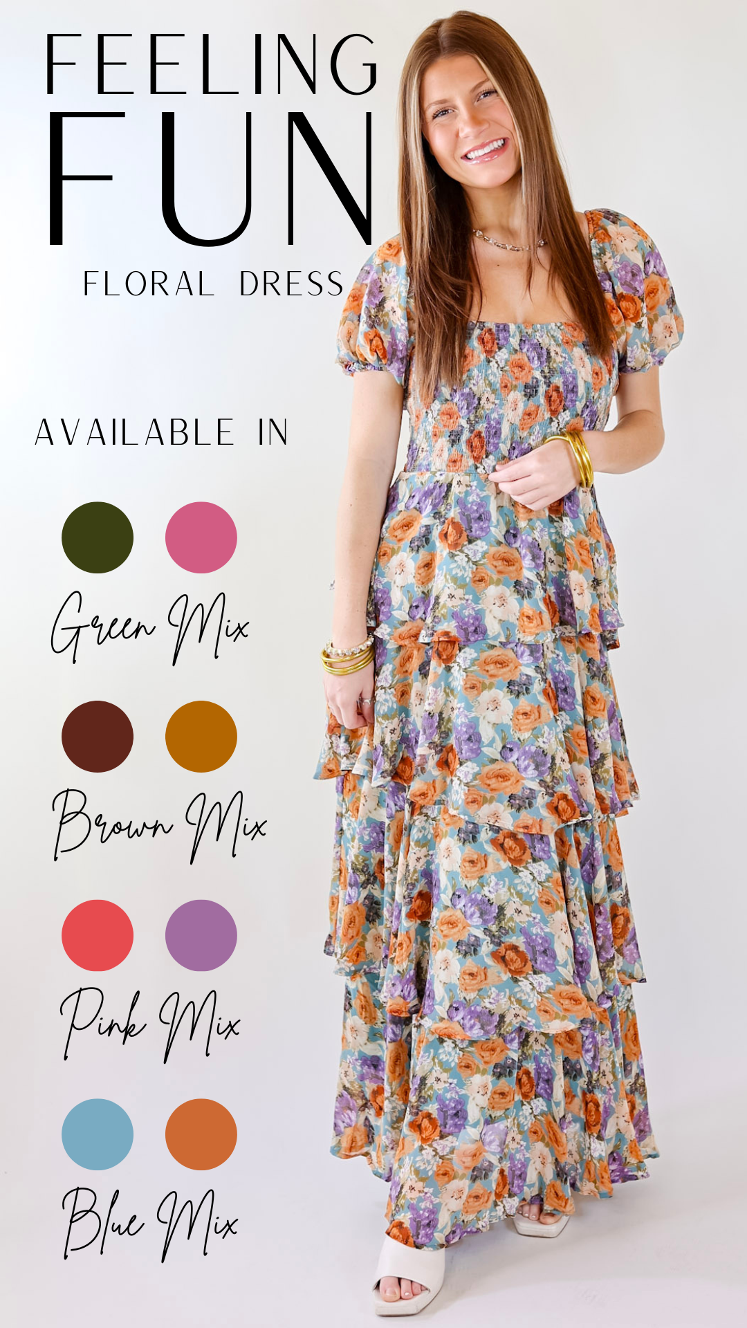 Fun Feeling Floral Tiered Maxi Dress with Smocked Balloon Sleeves in Blue Mix - Giddy Up Glamour Boutique