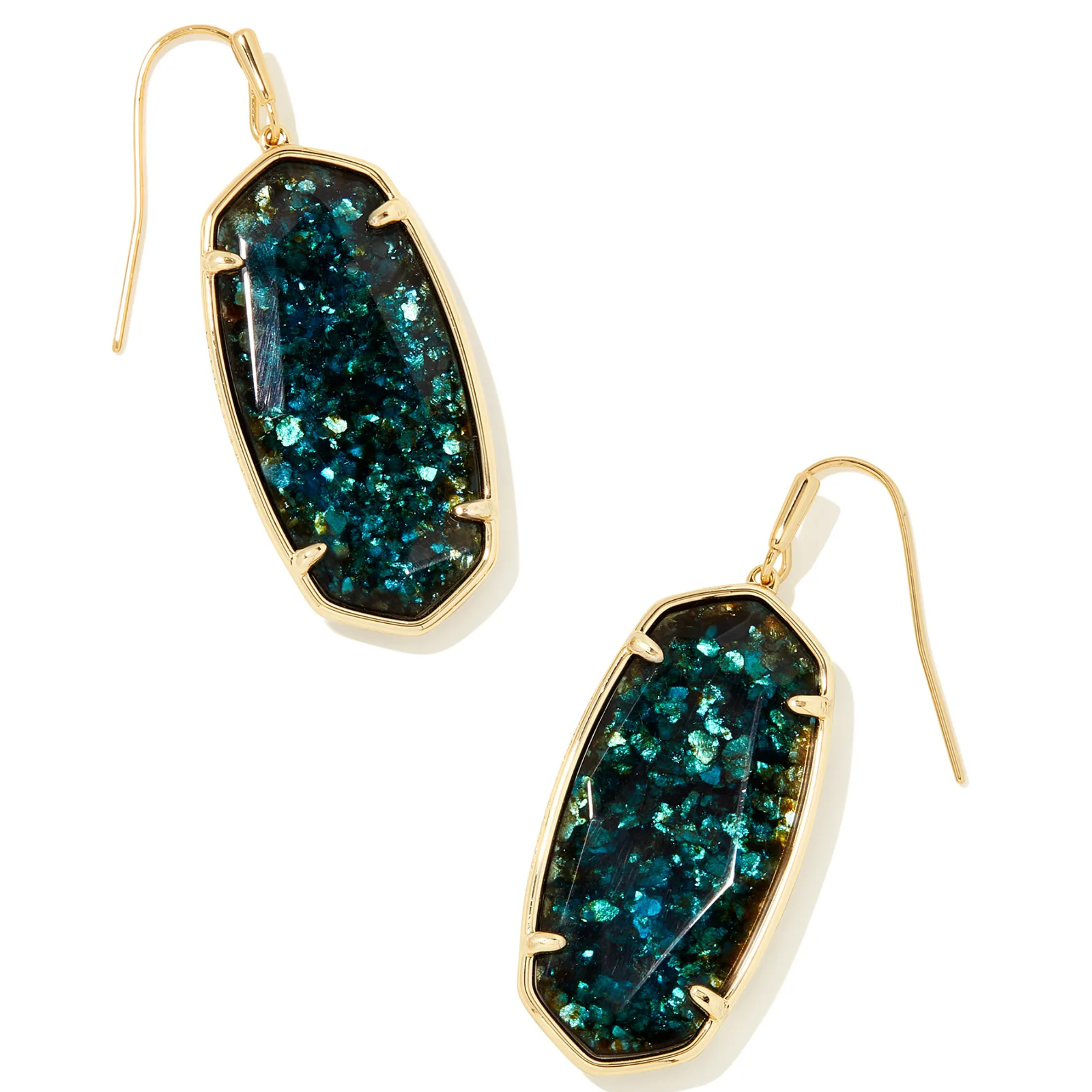 These Faceted Ella Gold Drop Earrings in Dark Teal Mica by Kendra Scott are pictured on a white background.