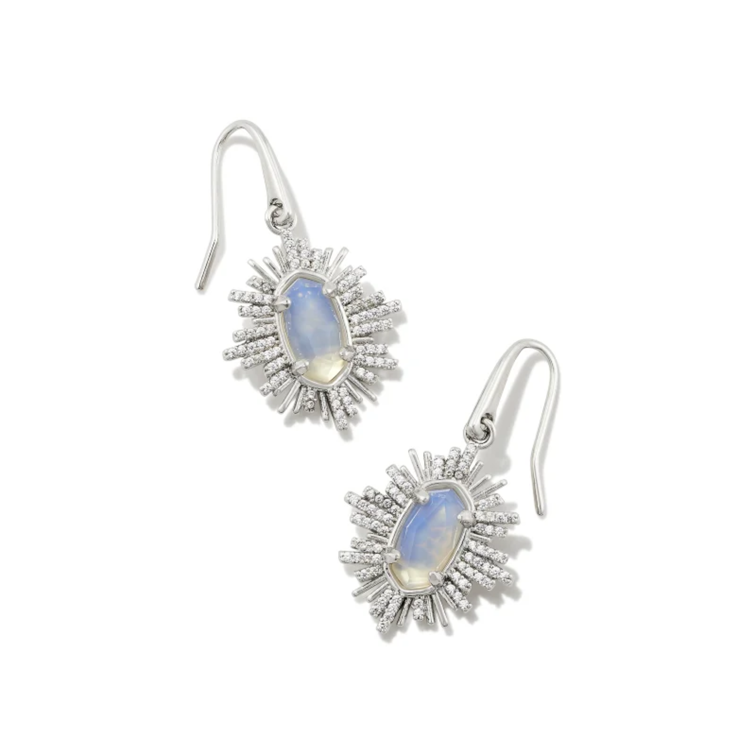 These Grayson Sunburst Silver Drop Earrings in Iridescent Opalite Illusion by Kendra Scott are pictured on a white background.