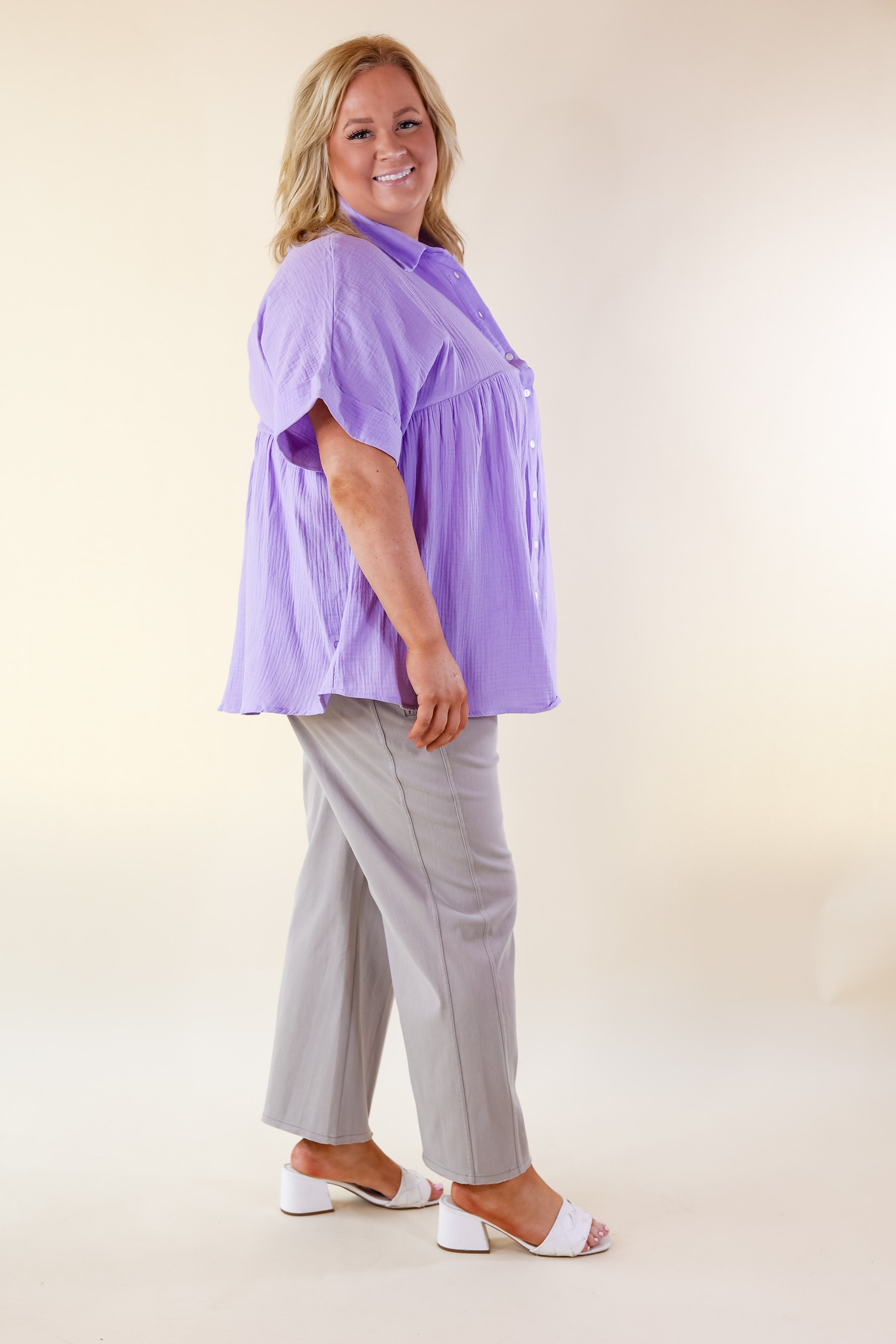 Vacation Vibes Collared Button Up Babydoll Top in Lavender Purple - Giddy Up Glamour Boutique