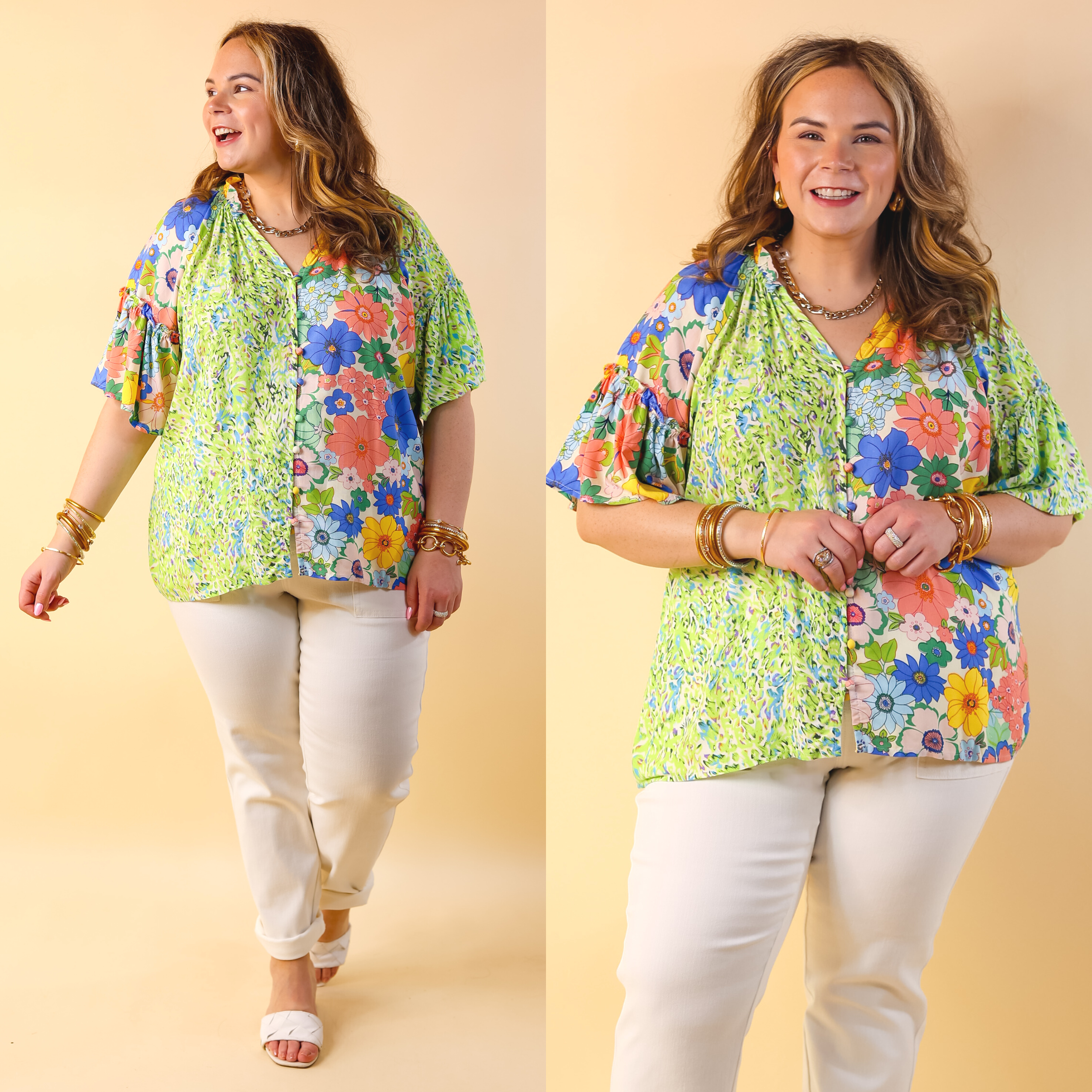 Double Time Abstract Print and Floral Print Top in Green and Blue - Giddy Up Glamour Boutique