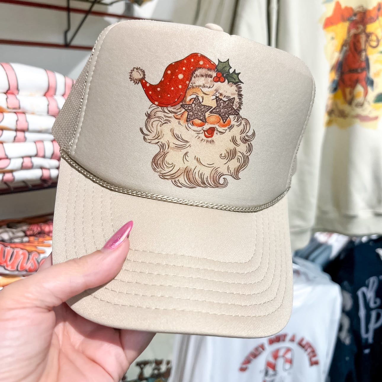 Online Exclusive | Santa with Star Eyes Foam Trucker Cap in Cream - Giddy Up Glamour Boutique