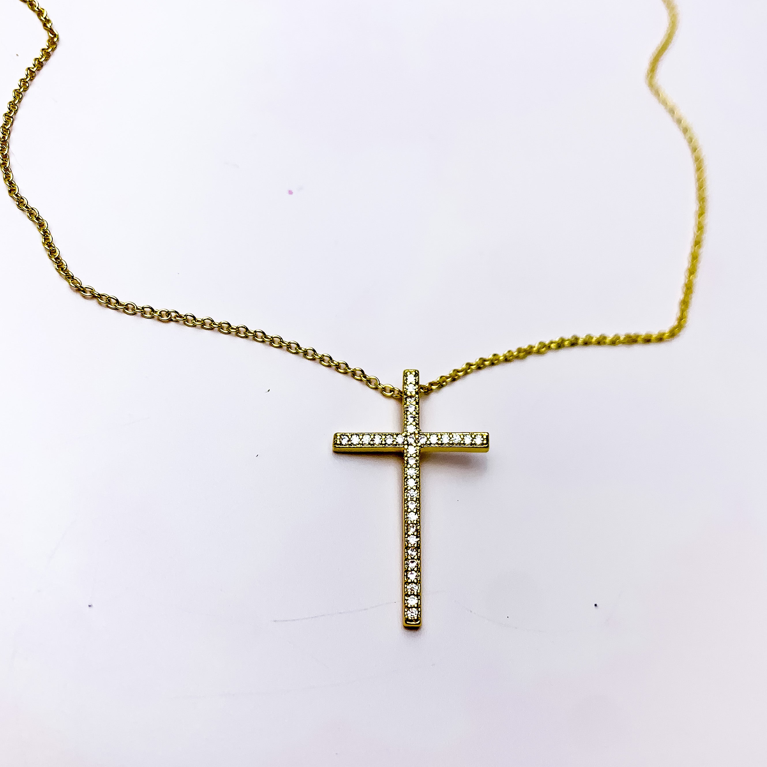 Gold Tone Necklace With Clear Crystal Cross Charm - Giddy Up Glamour Boutique