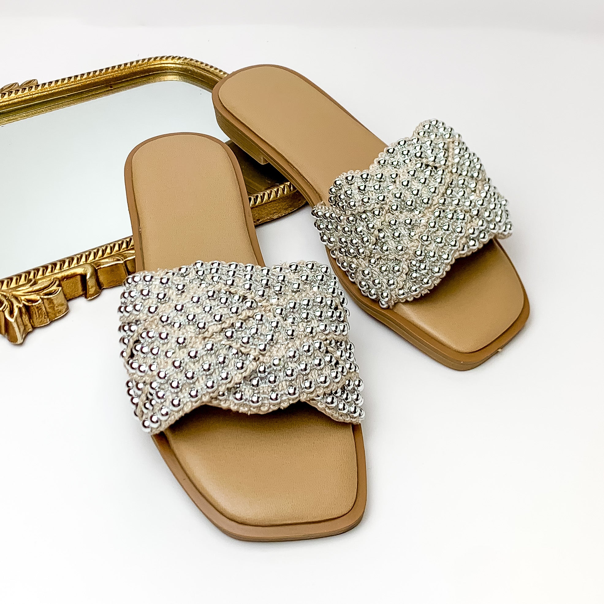 Totally Darling Nude Knit Slide On Sandals with Silver Beaded Embellishment - Giddy Up Glamour Boutique